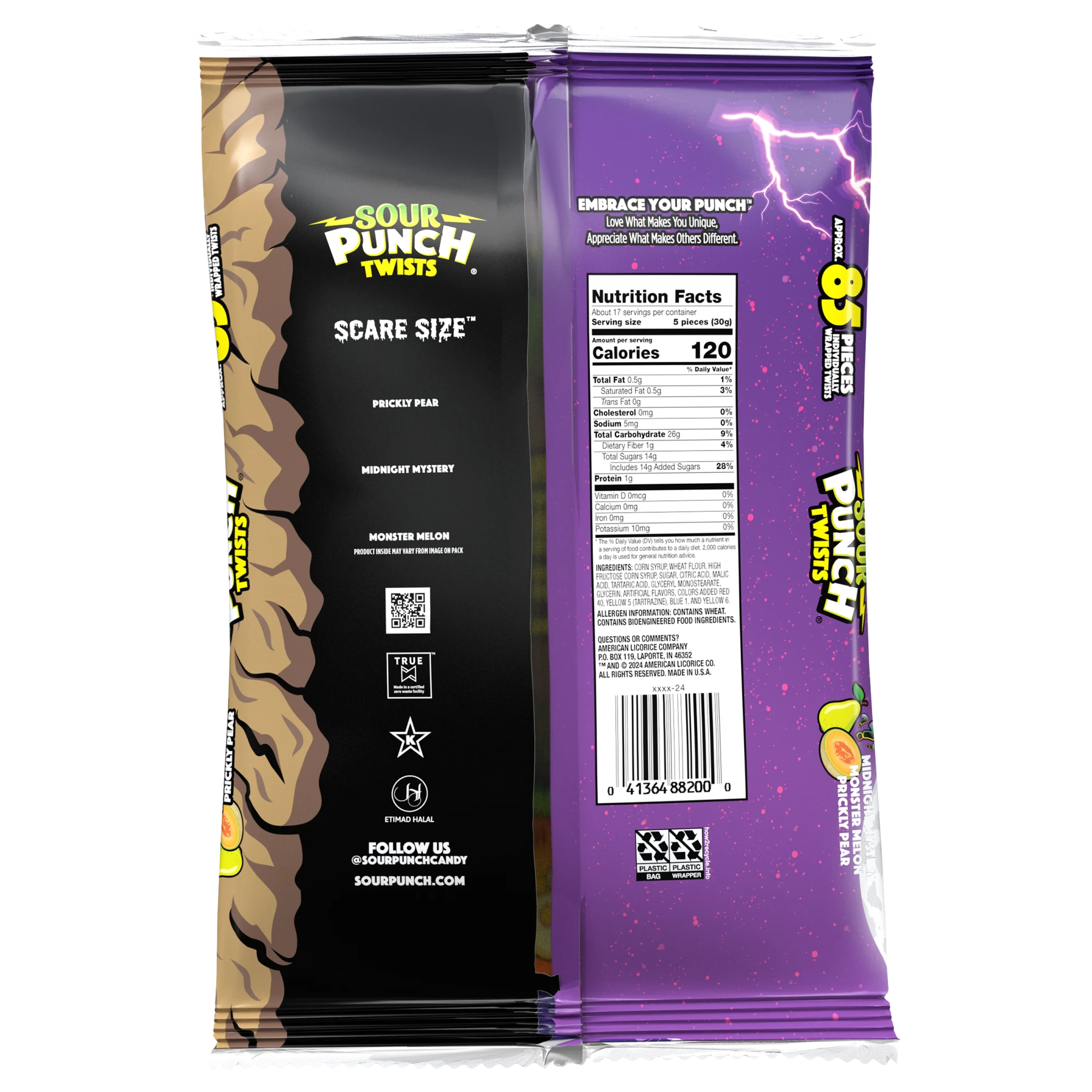 SOUR PUNCH Individually Wrapped Halloween Candy Twists - back of 18oz bag