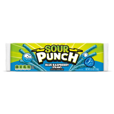 Sour Punch Blue Raspberry Straws Front of Pack - Blue Sour Straws - Blue Raspberry Sour Straws Candy