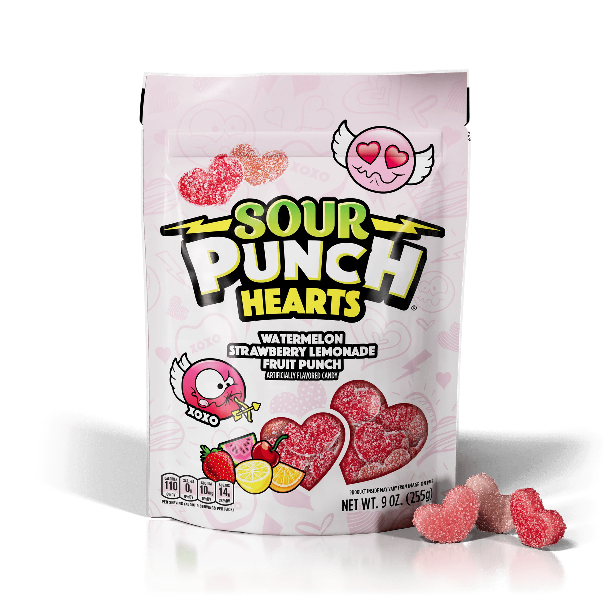 Sour Punch Hearts Valentine's Day Candy 9oz Bag with raw candy hearts in front of bag