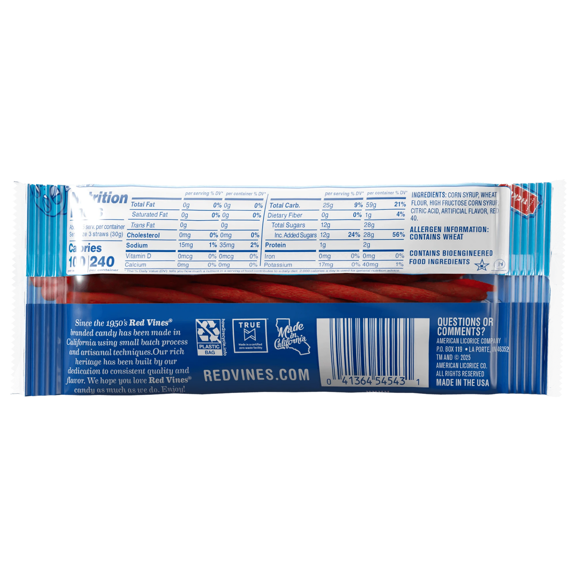 Back of Red Vines Original Red Twisted Vines 2.5oz Bag