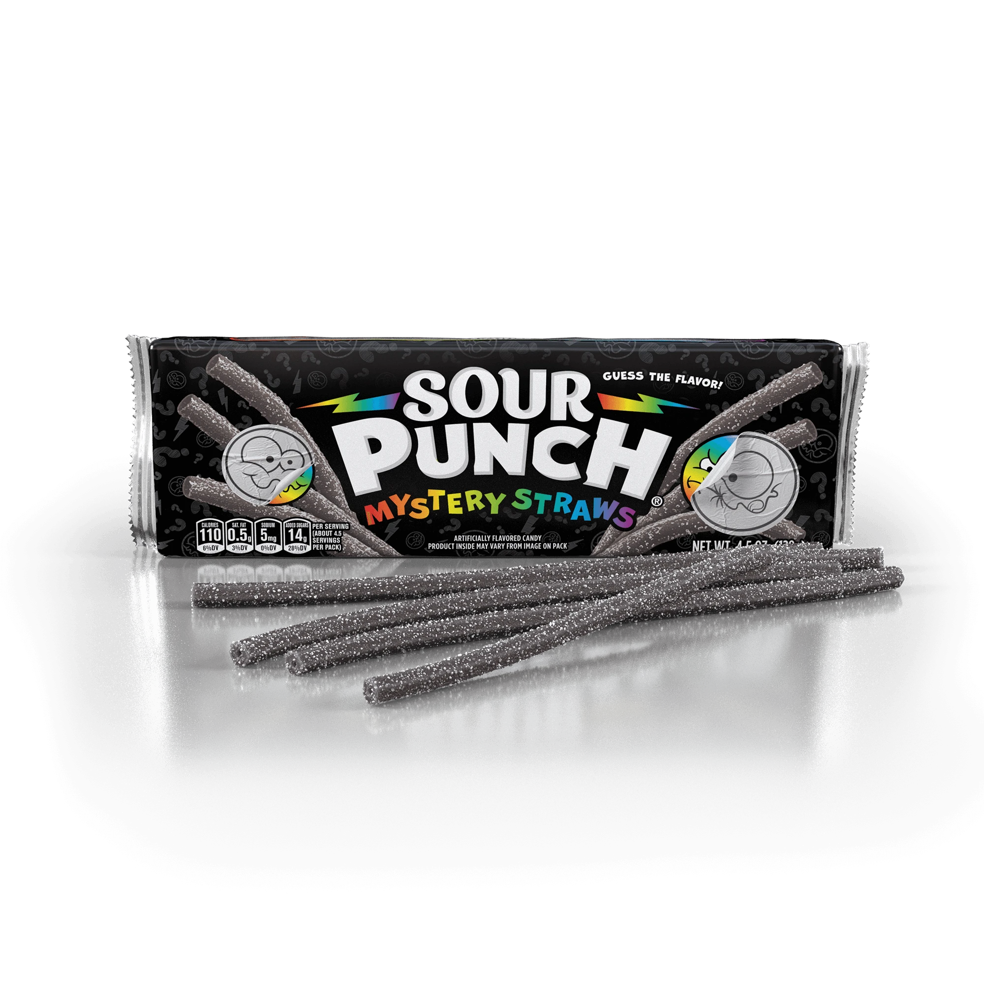 Front of Sour Punch Mystery Straws 4.5oz Tray with raw mystery candy straws in front of pack