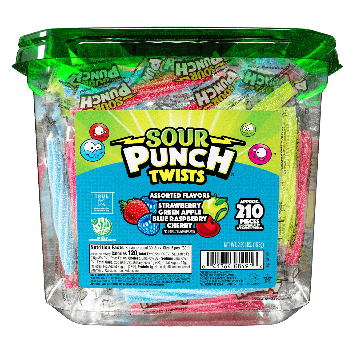 Sour Punch Approximately 210 Individually Wrapped Twists Front of Jar - Sour Twists Candy