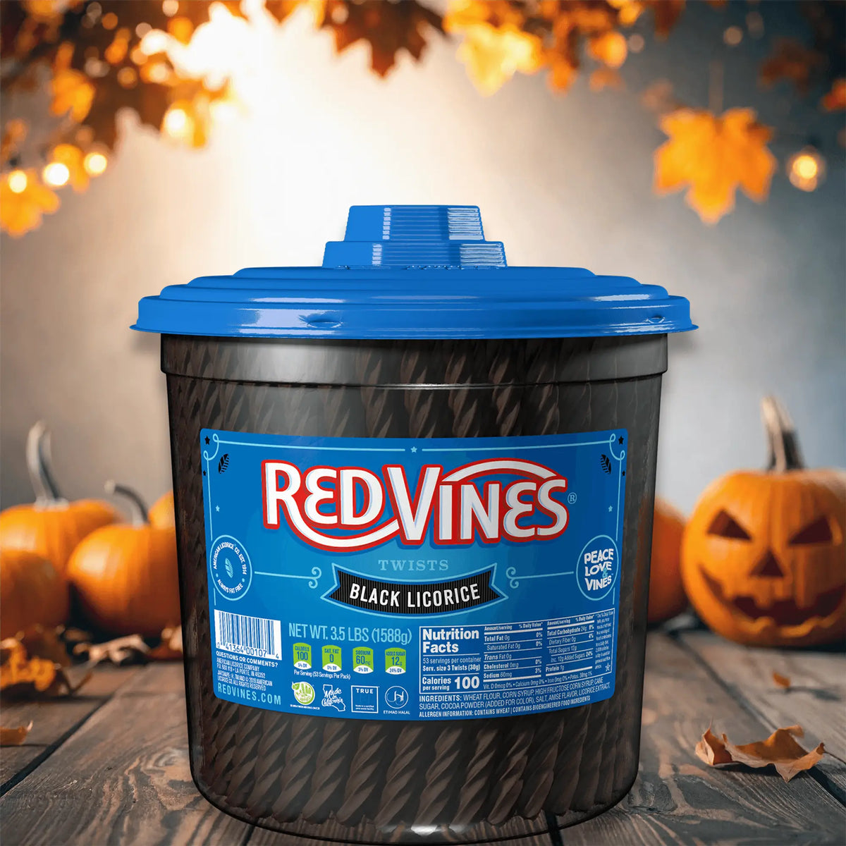 Red Vines Black Licorice Candy with fall leaves and Halloween pumpkins
