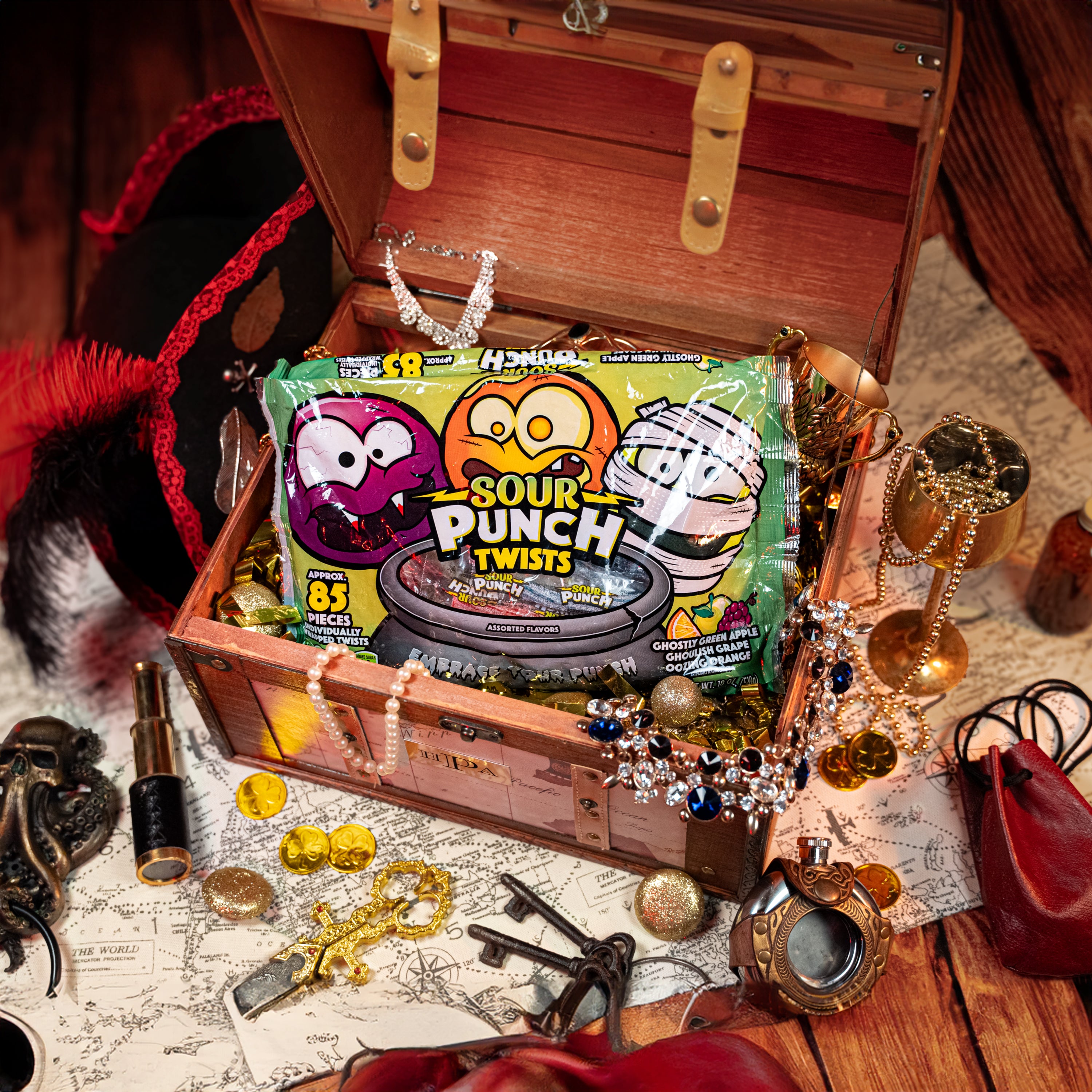 SOUR PUNCH Individually Wrapped Halloween Candy Twists in a pirate's treasure chest