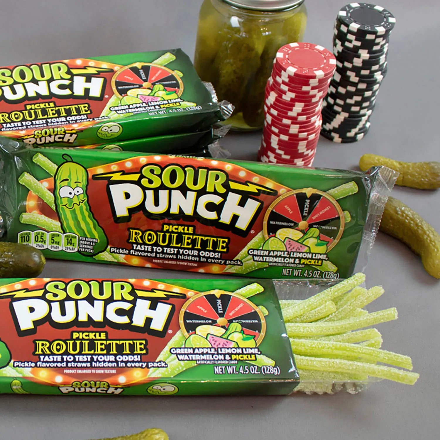 SOUR PUNCH Pickle Roulette Bites with real pickles and roulette game chips