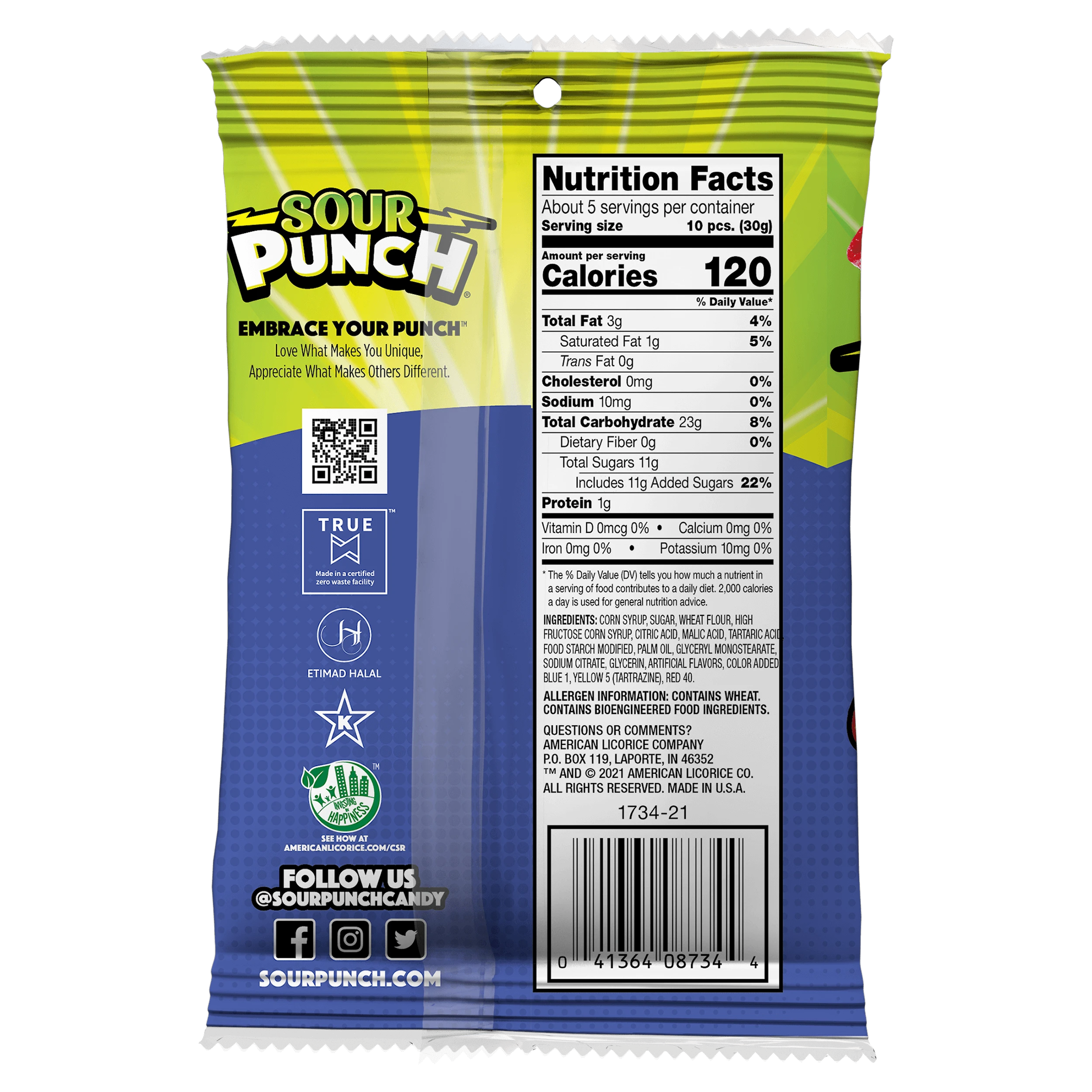 Back of Sour Punch Bites Bag of Assorted Sour Candy Straw Bites