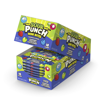 Open box of 18 Sour Punch Mini Bites Assorted candy fruit chew packages