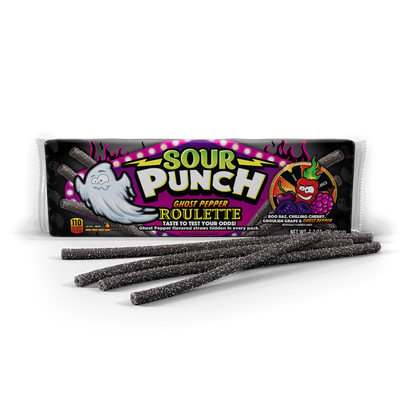 Sour Punch Ghost Pepper Roulette Tray with black candy straws in front
