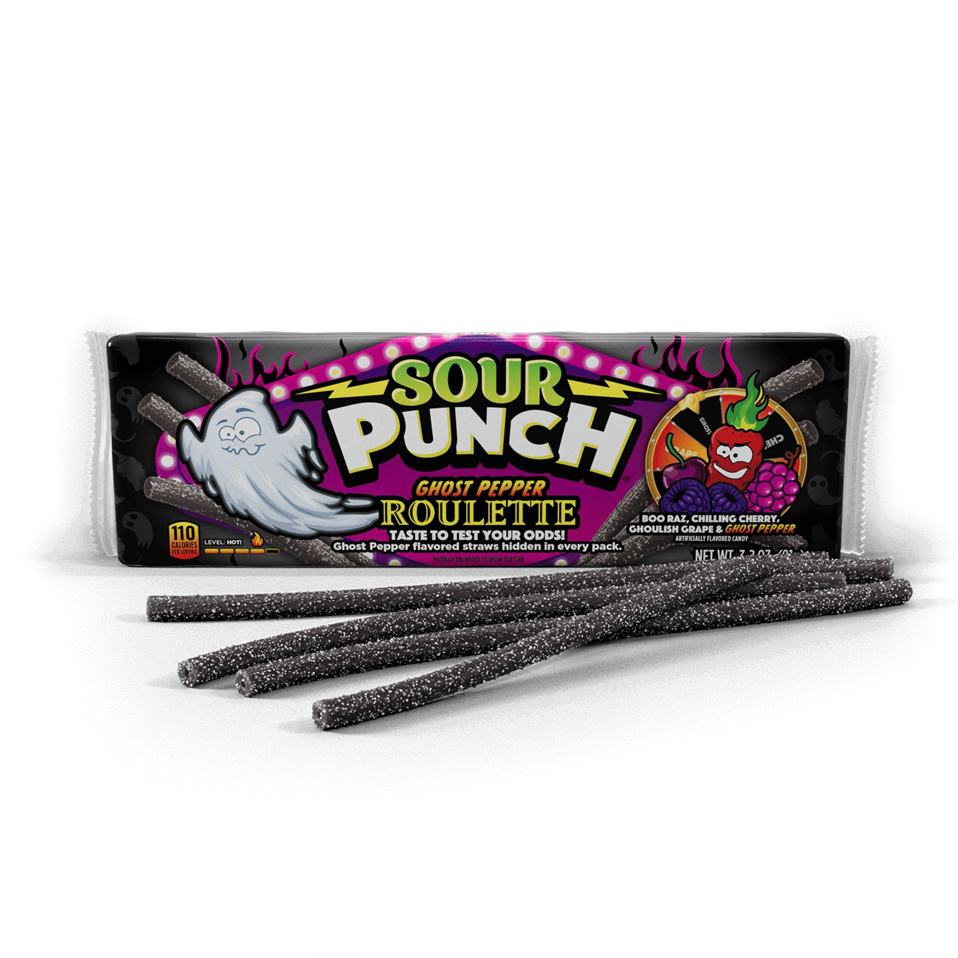 Sour Punch Ghost Pepper Roulette Tray with black candy straws in front