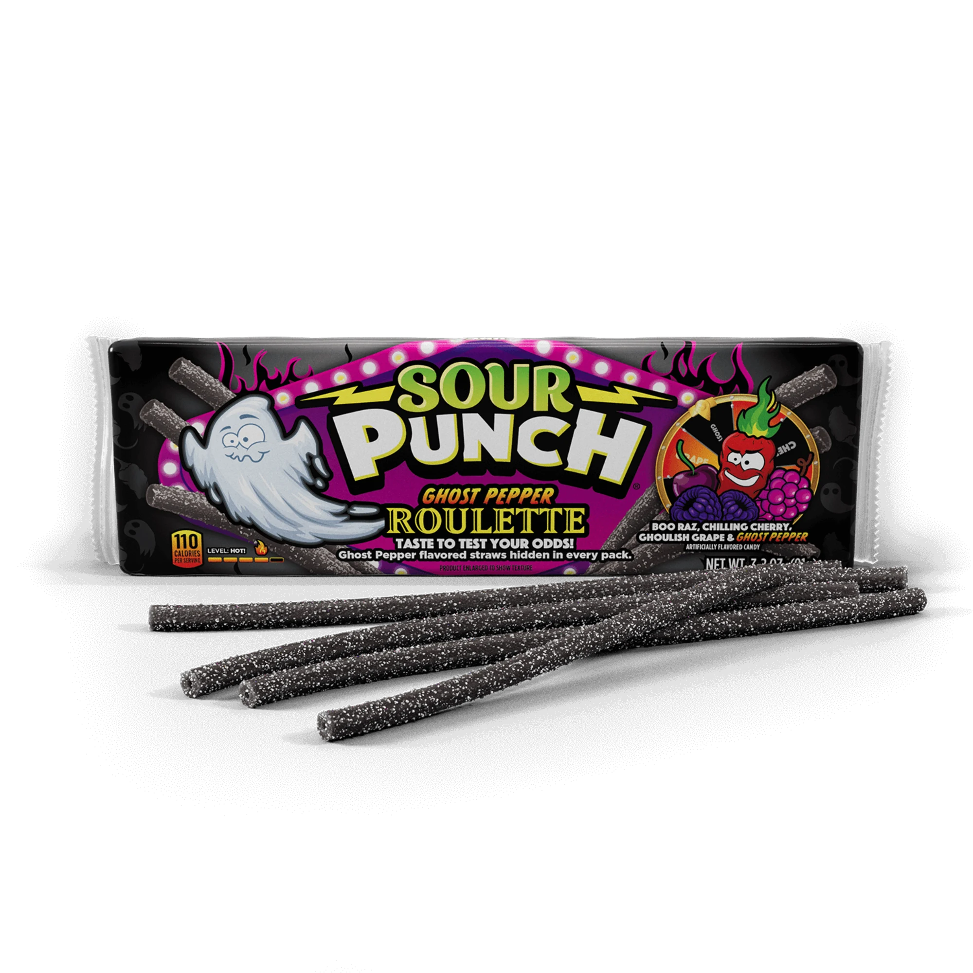 Sour Punch Ghost Pepper Roulette Tray with black candy straws in front