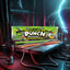 Tray of Sour Punch Frankenstraws Halloween Candy with Green, Black, and Orange candy straws in front sitting on a metal plate with wires and lighting all around