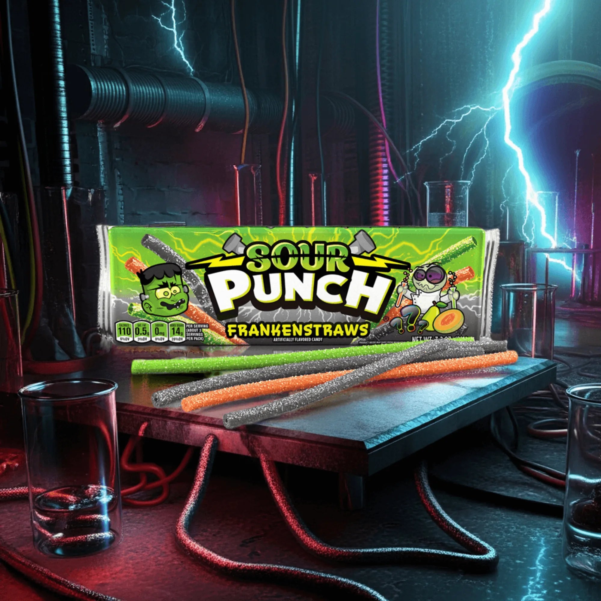 Tray of Sour Punch Frankenstraws Halloween Candy with Green, Black, and Orange candy straws in front sitting on a metal plate with wires and lighting all around