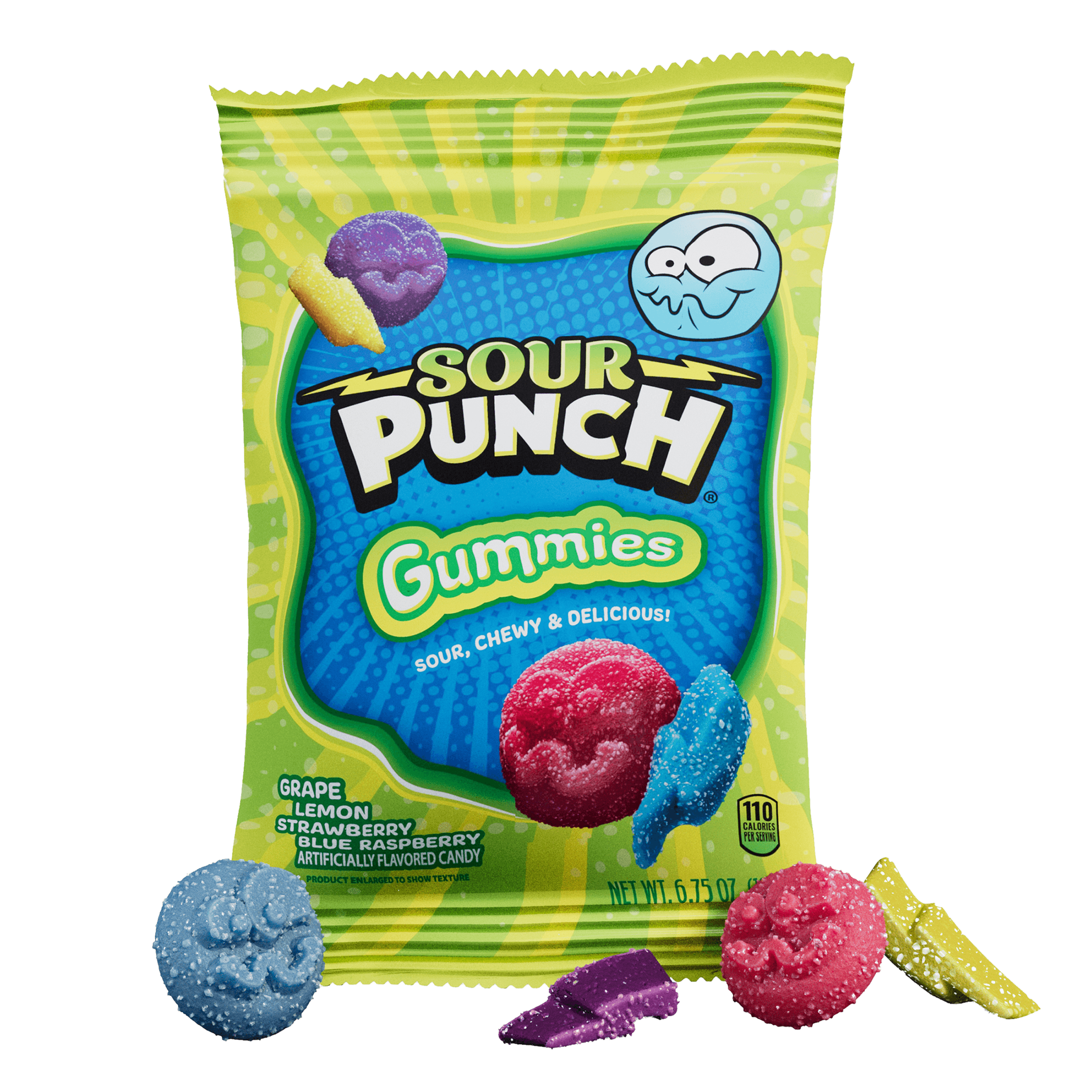 Sour Punch Gummies 6.75oz bag with raw candy shapes in front of the bag