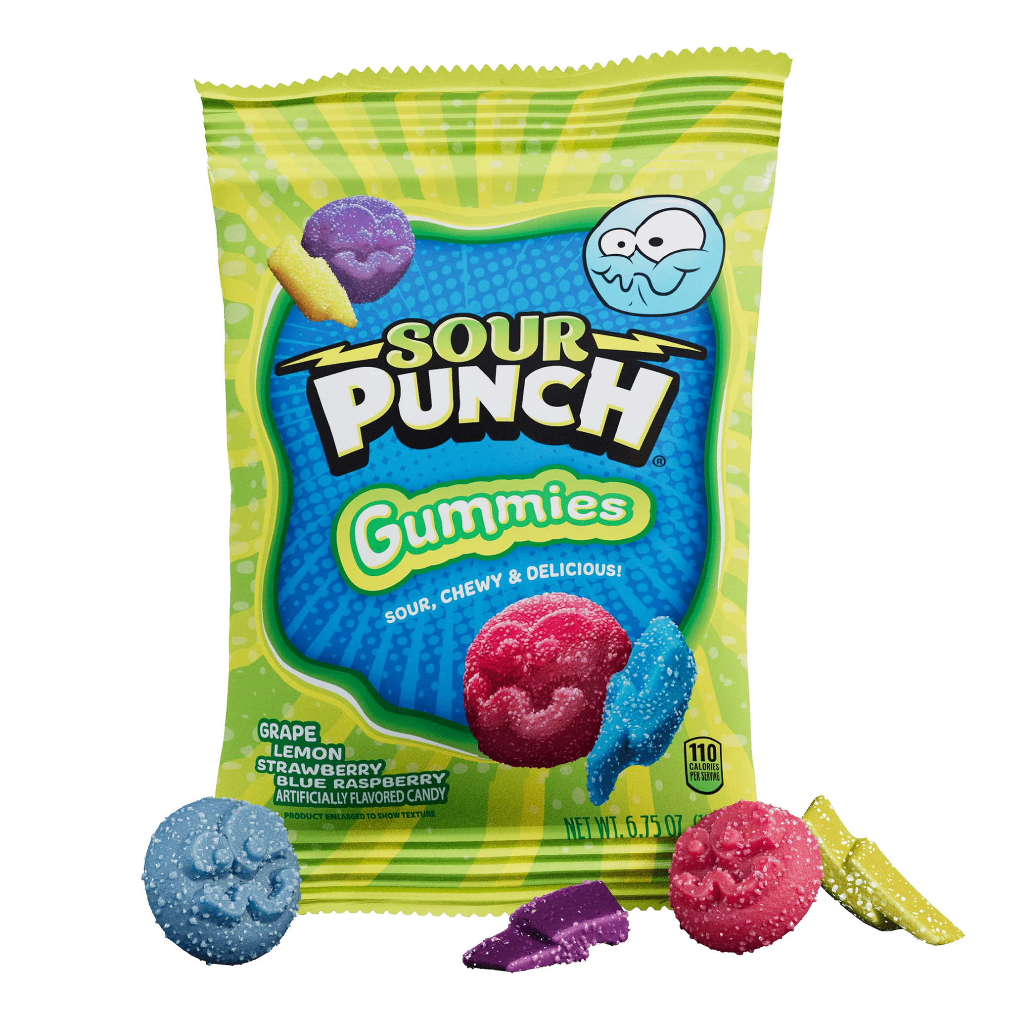 Sour Punch Gummies 6.75oz bag with raw candy shapes in front of the bag