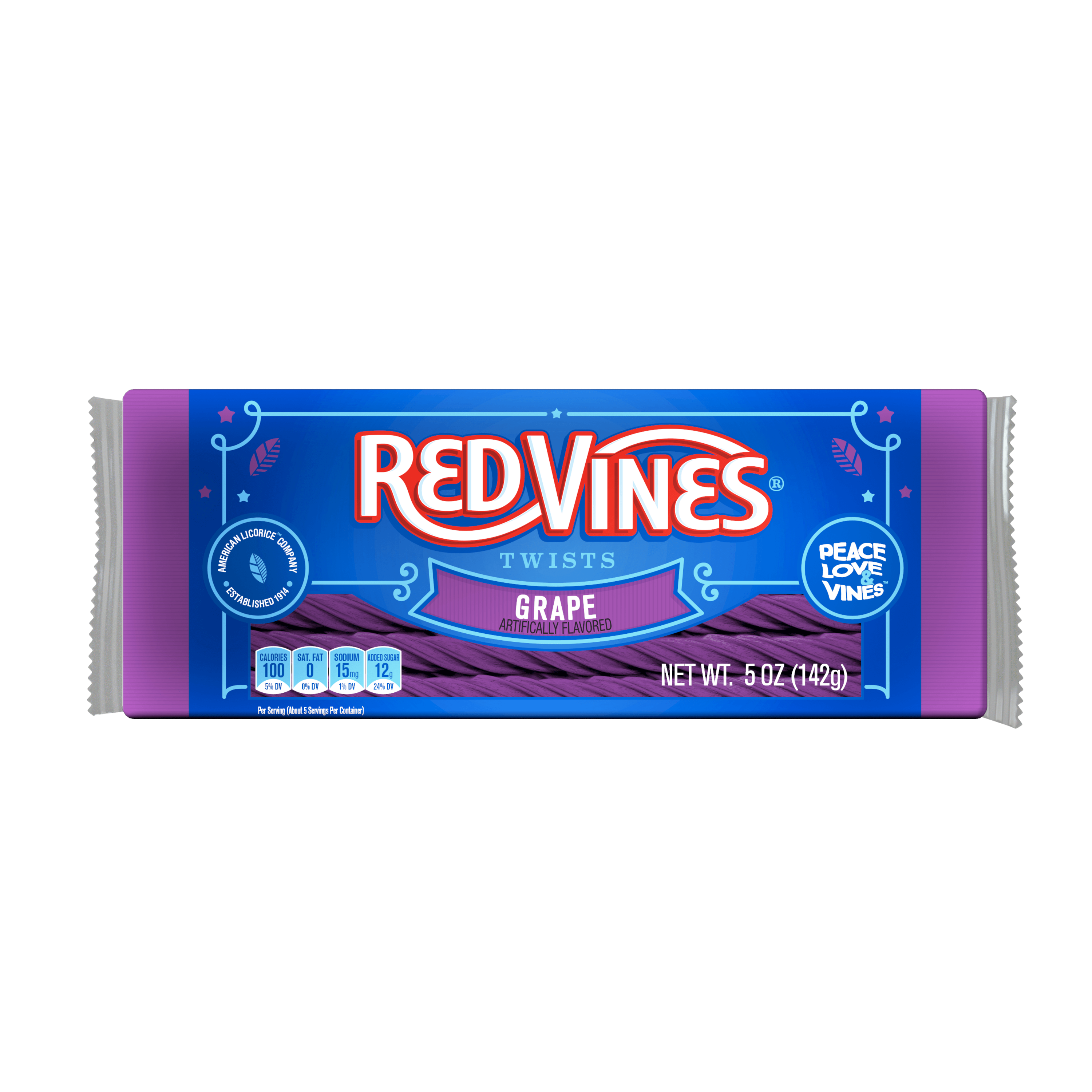 Front of RED VINES Grape Licorice Twists 5oz tray