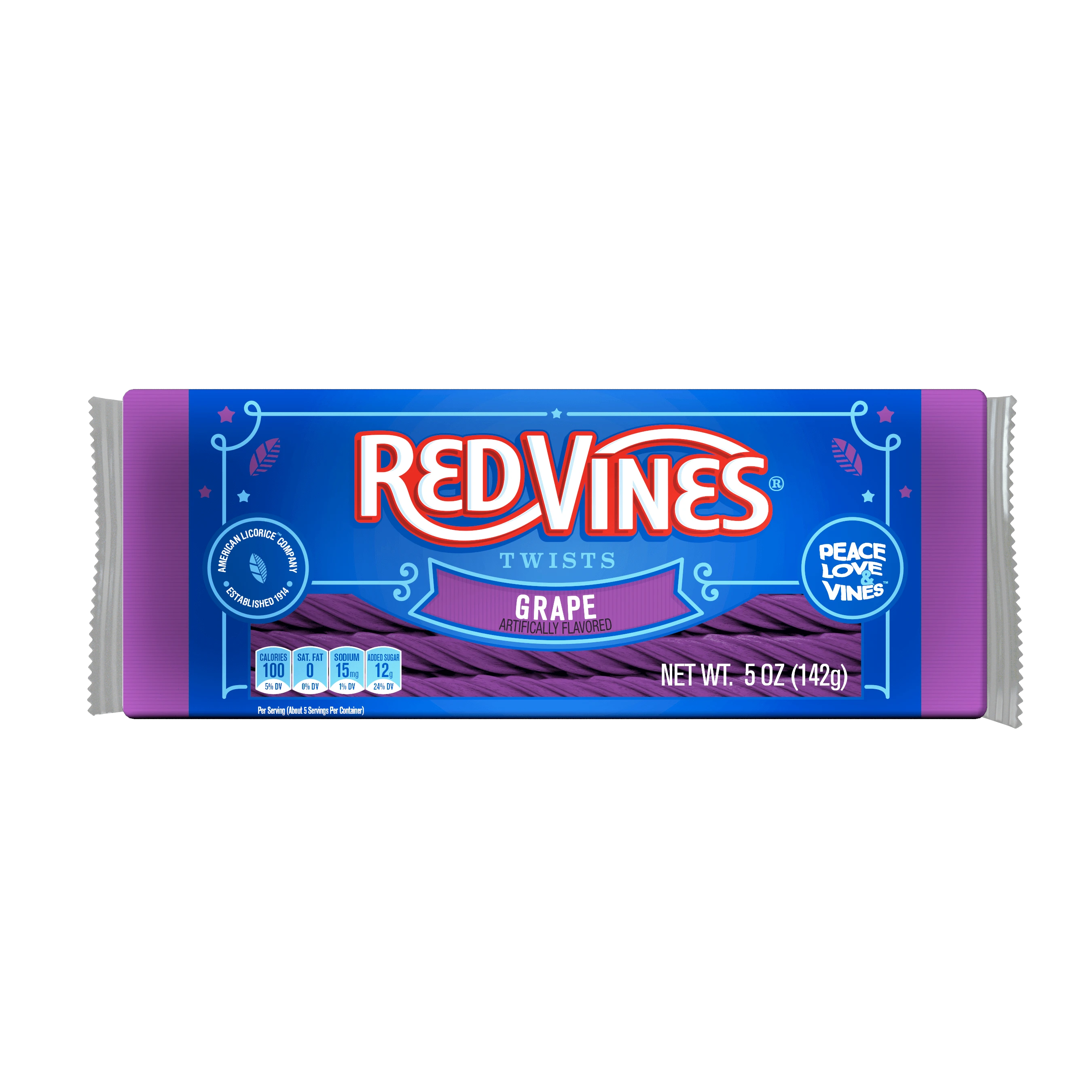 Front of RED VINES Grape Licorice Twists 5oz tray