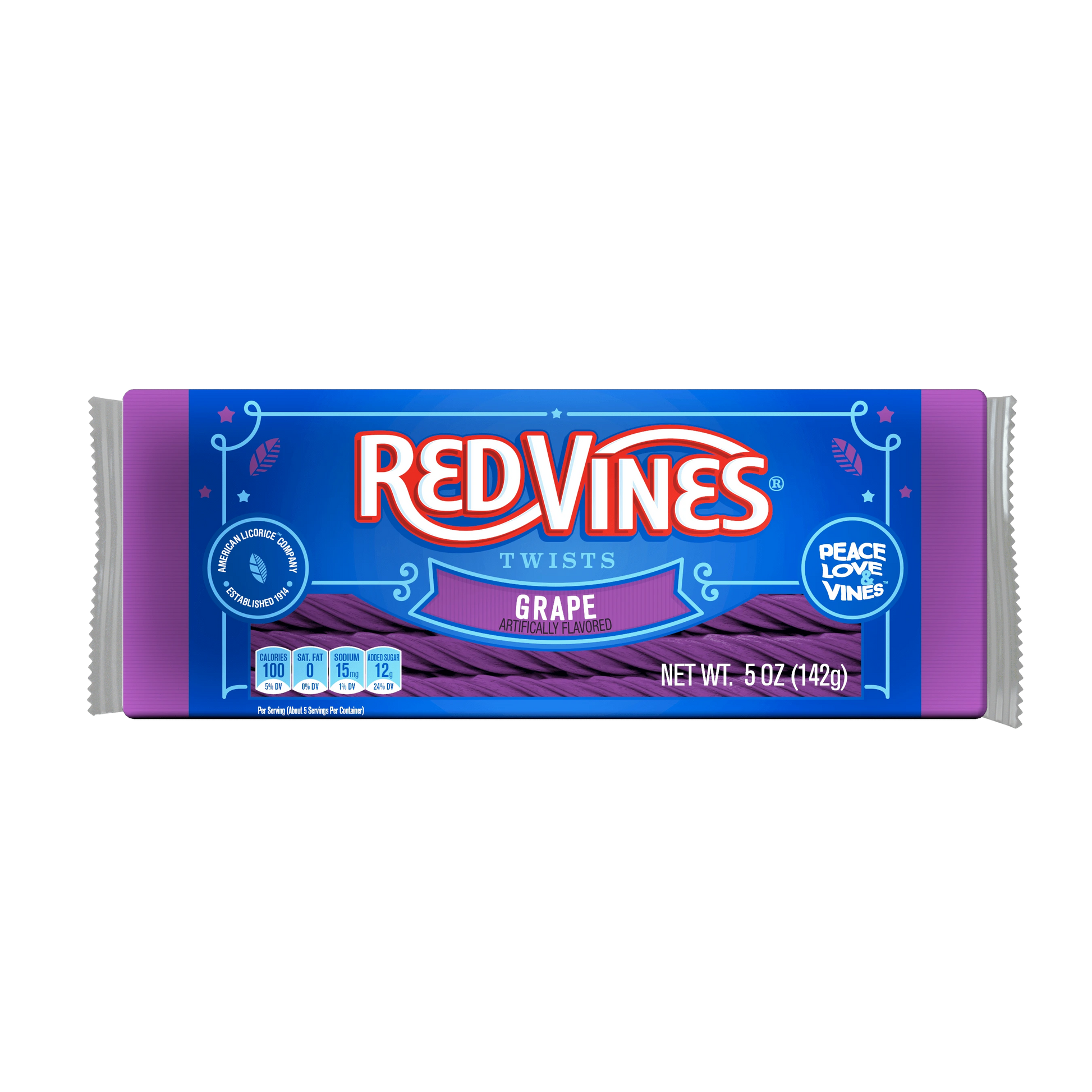 Front of RED VINES Grape Licorice Twists 5oz tray