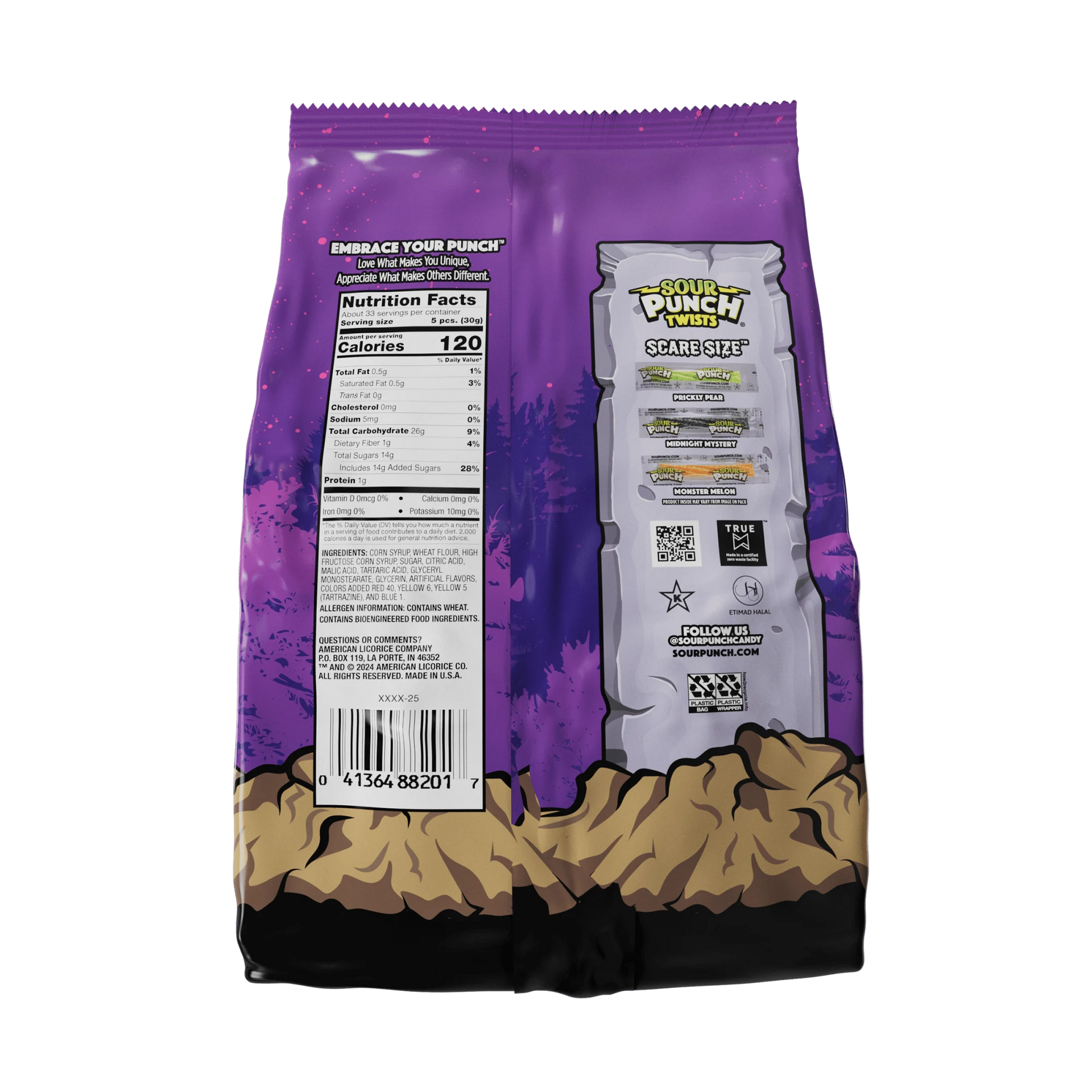 SOUR PUNCH Individually Wrapped Halloween Candy Twists - back of 35oz bag