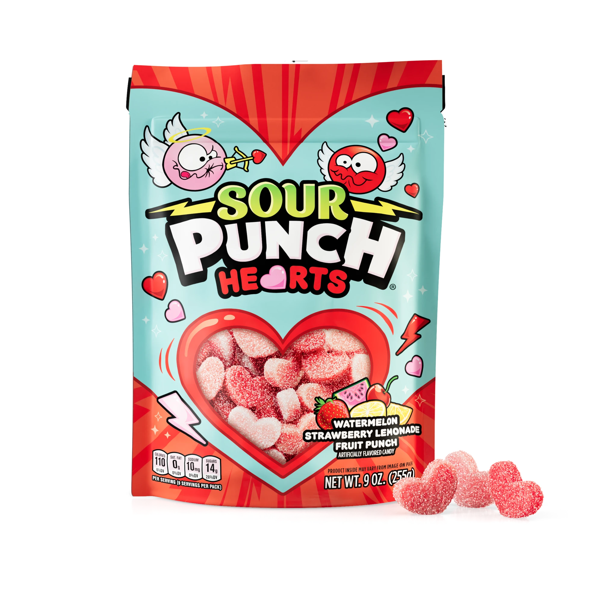 Sour Punch Hearts Valentine's Day Candy 9oz Bag with raw candy hearts in front of bag