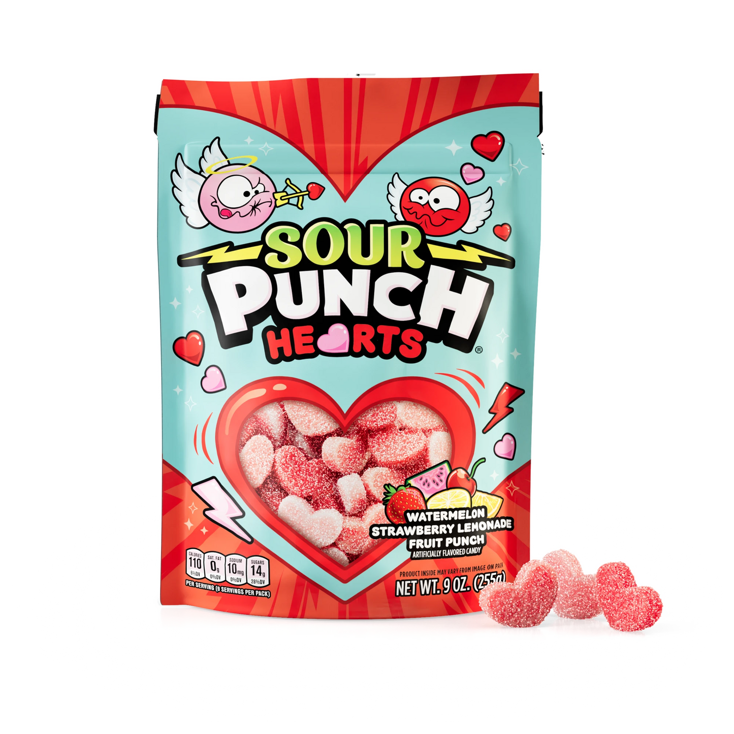Sour Punch Hearts Valentine's Day Candy 9oz Bag with raw candy hearts in front of bag