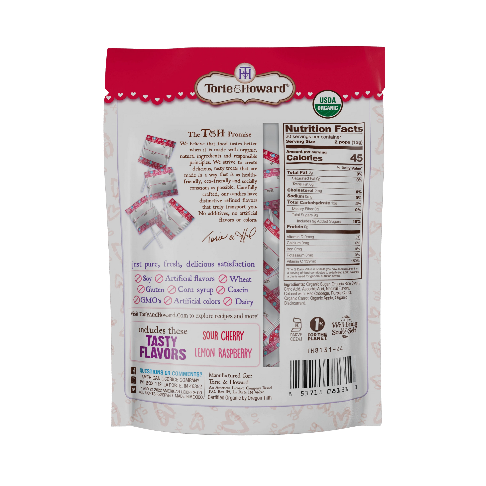 Organic Valentine's Candy Lollipops by Torie & Howard - Back of 8.7oz Bag