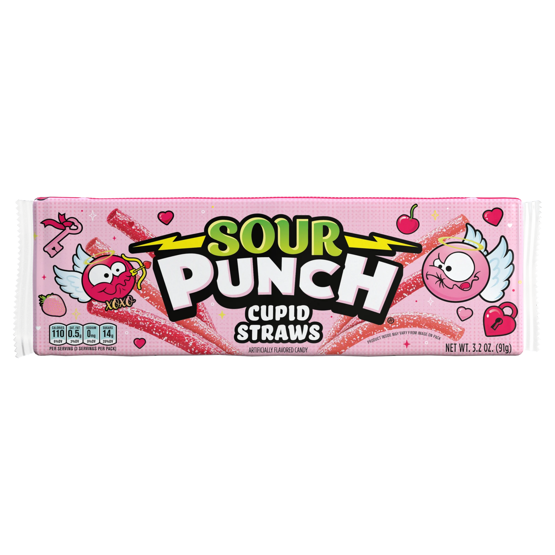 Front of SOUR PUNCH Cupid Straws valentine's day candy tray