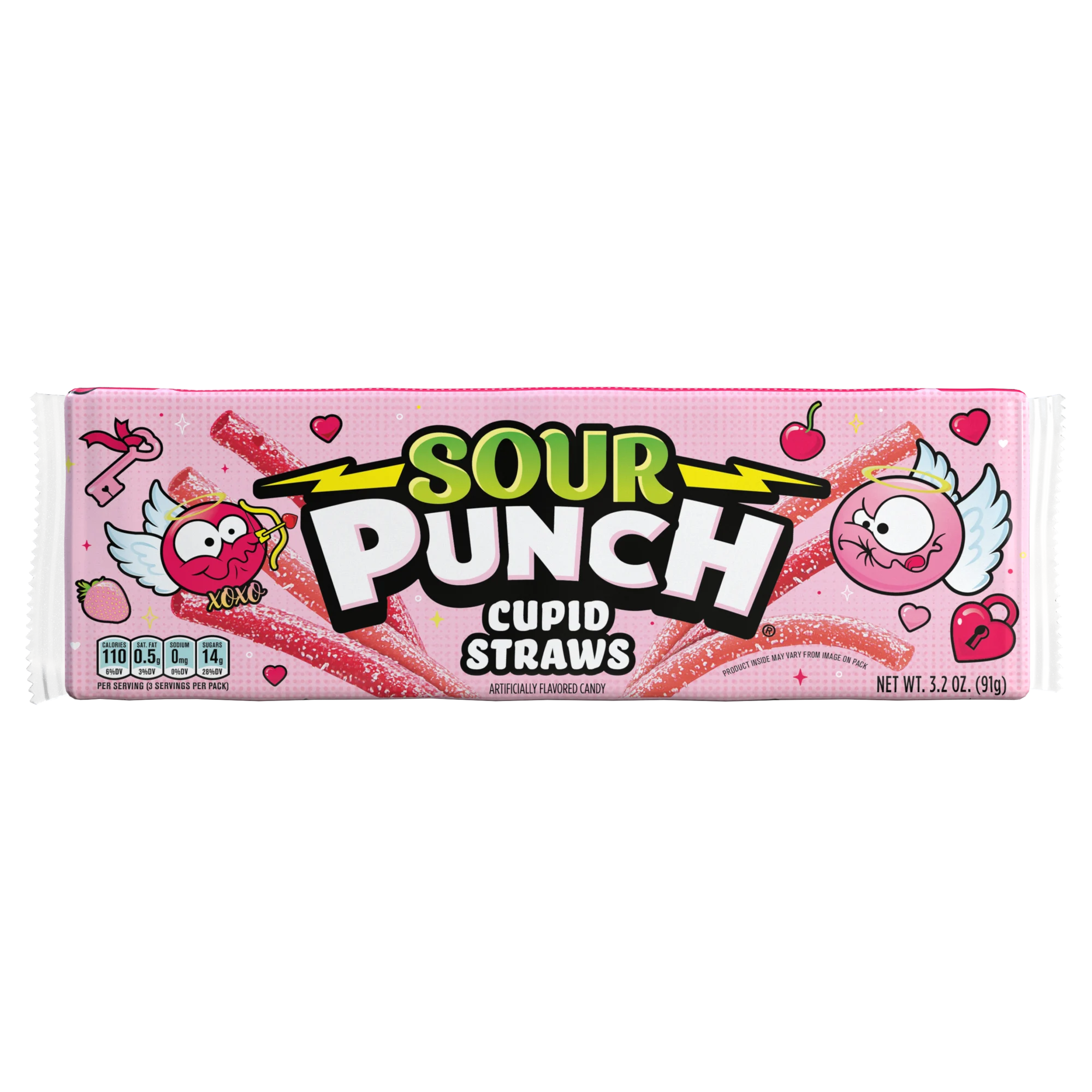 Front of SOUR PUNCH Cupid Straws valentine's day candy tray