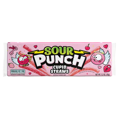 Front of SOUR PUNCH Cupid Straws valentine's day candy tray