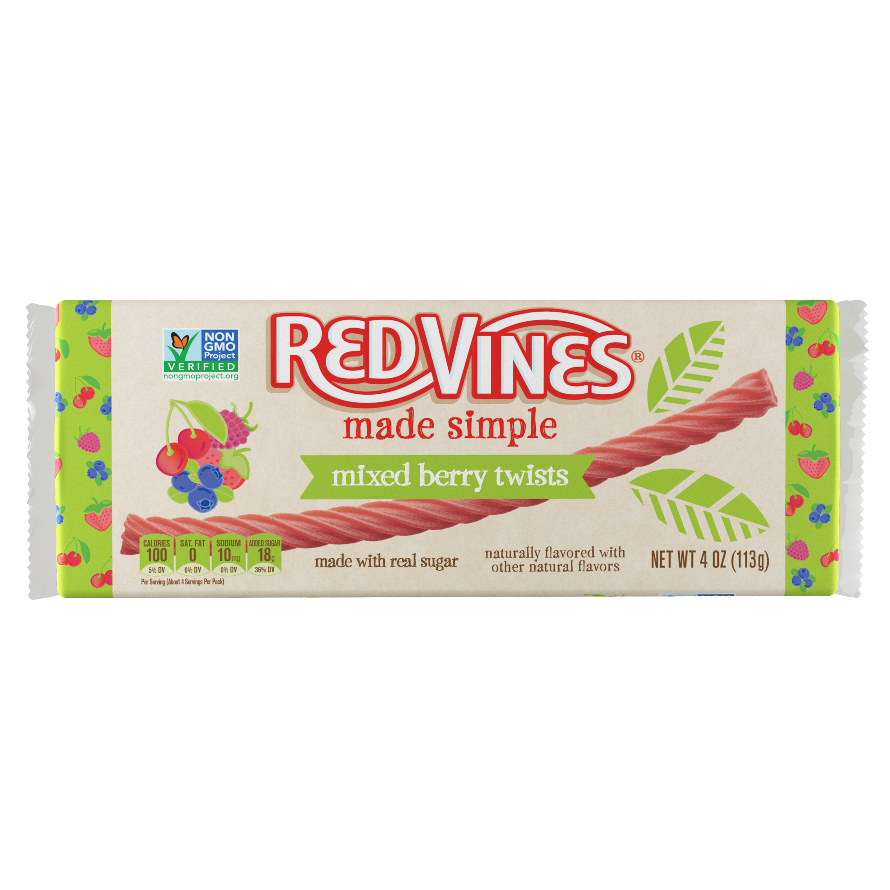 Front of RED VINES Made Simple Berry Twists 4oz Tray