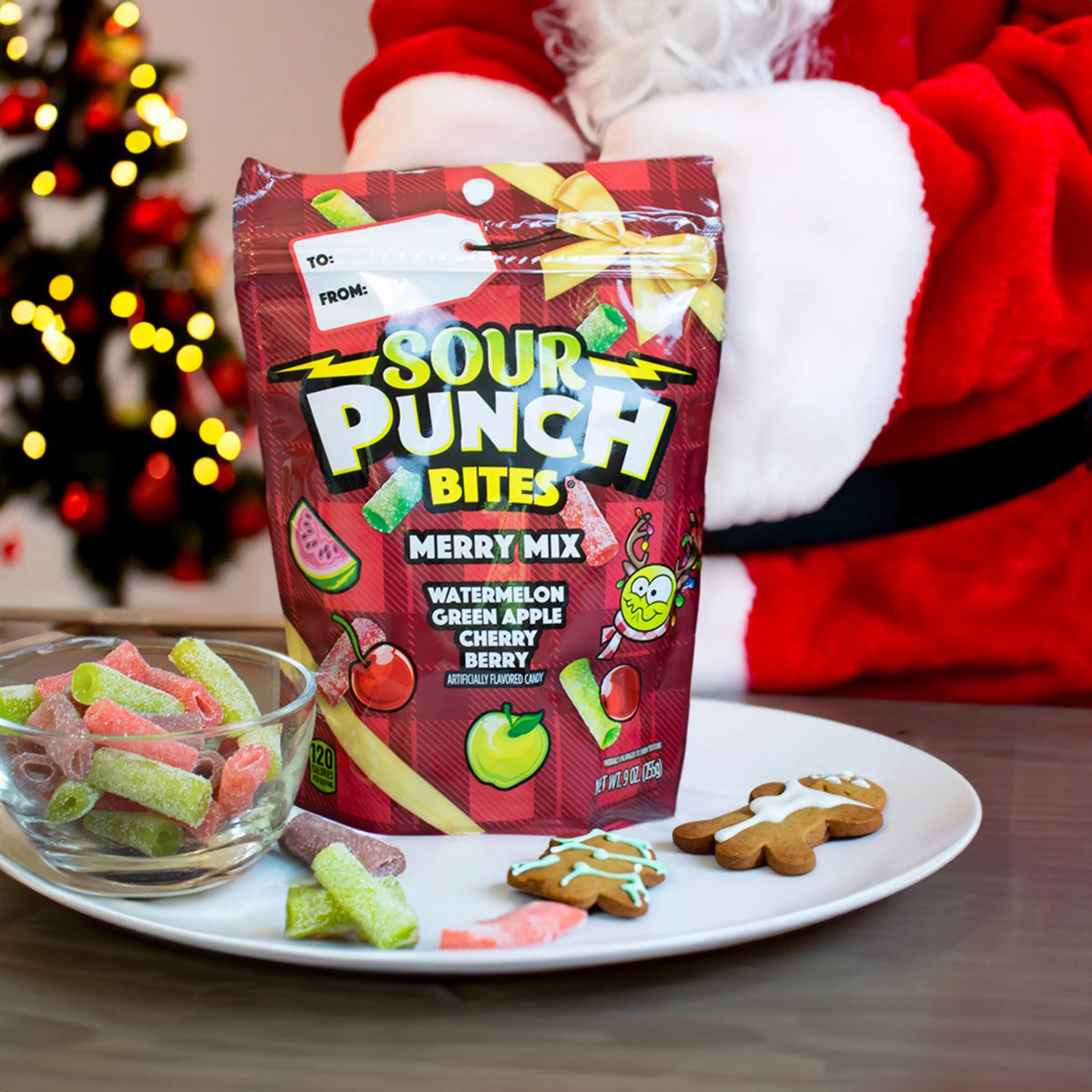 SOUR PUNCH Merry Mix Bites holiday candy on a tray with cookies