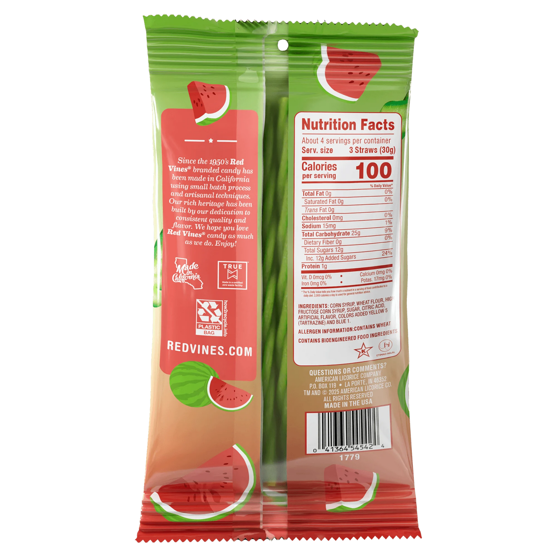 Back of Red Vines Watermelon Twisted Vines 4oz Bag