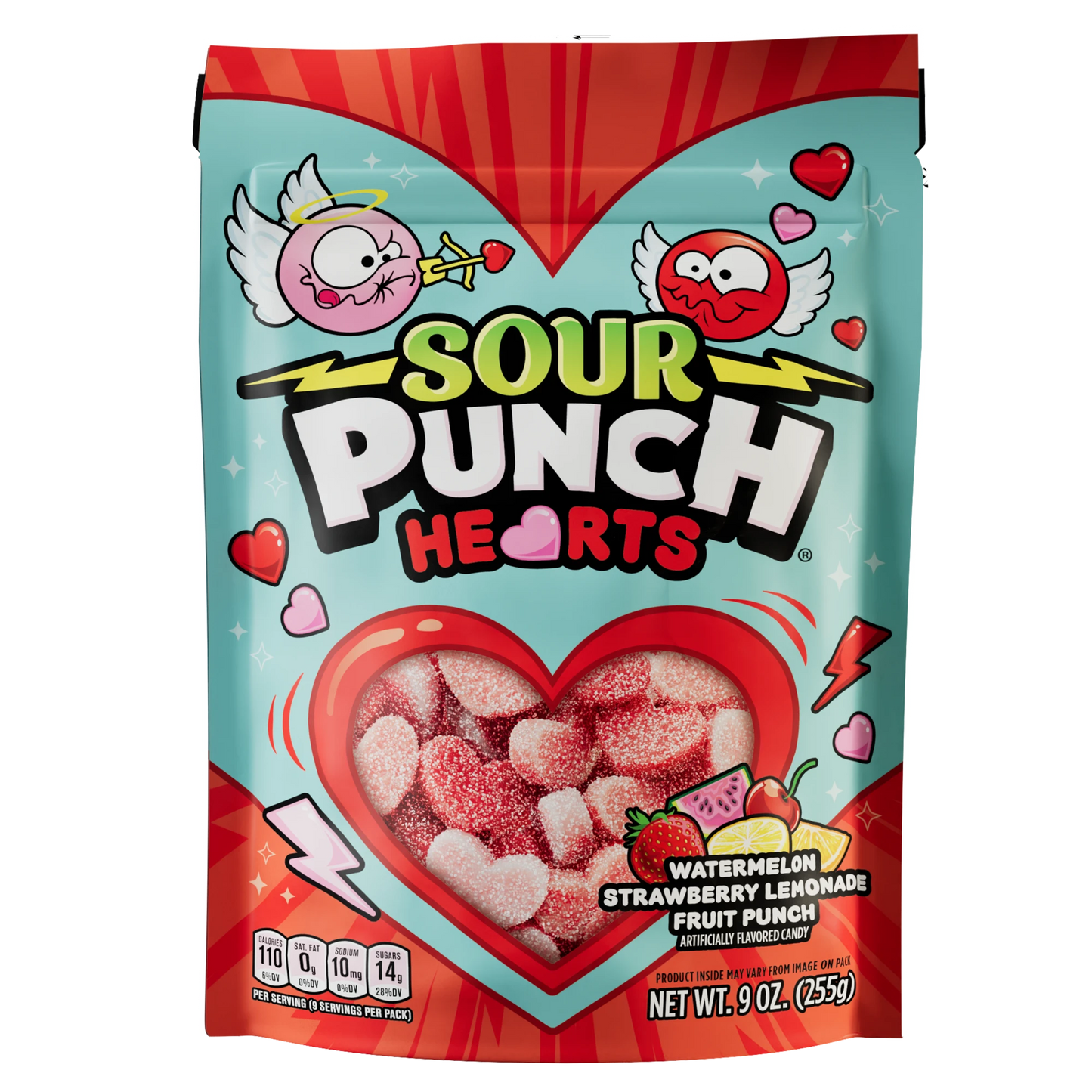 Front of Sour Punch Hearts Valentine's Day Candy 9oz Bag