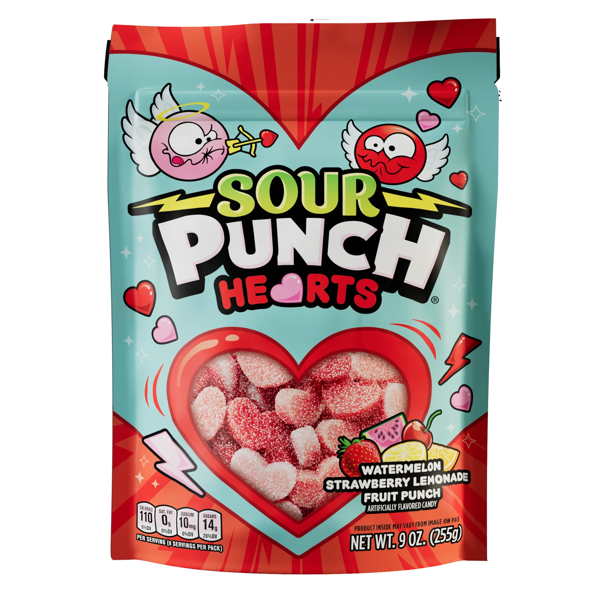 Front of Sour Punch Hearts Valentine's Day Candy 9oz Bag
