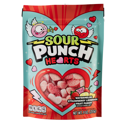 Front of Sour Punch Hearts Valentine's Day Candy 9oz Bag