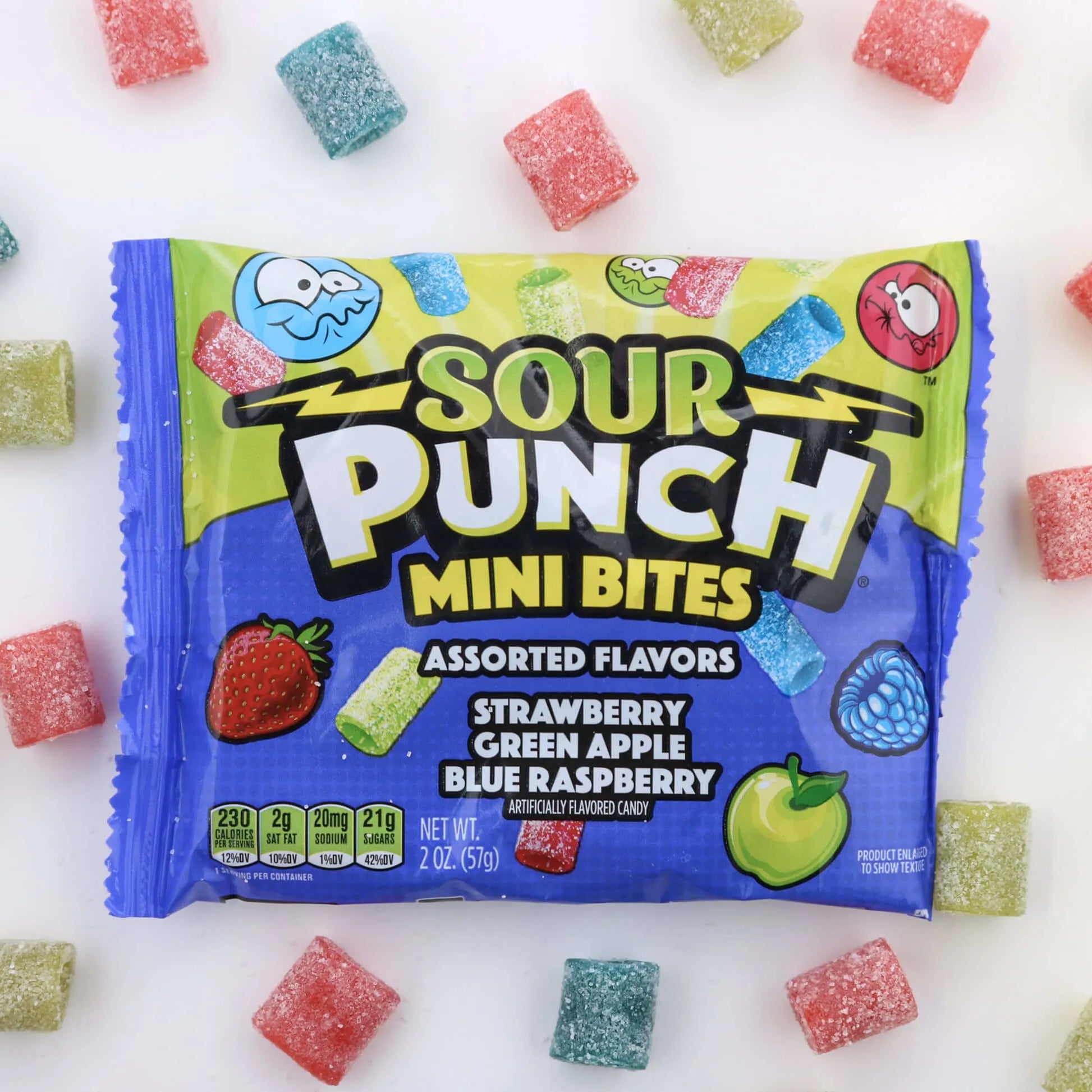 Sour Punch Mini Bites Pouch laying on mini candy fruit chews