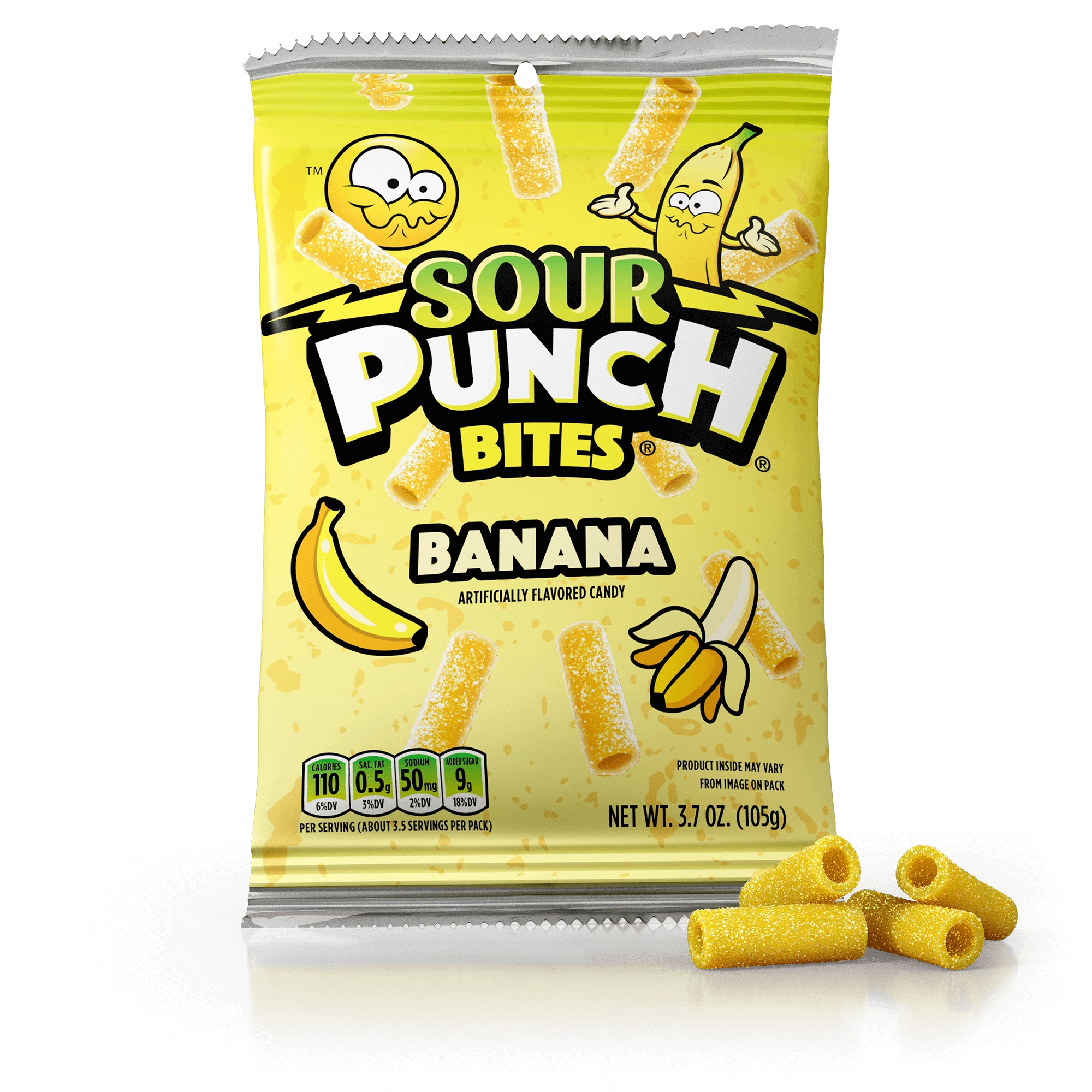 Sour Punch Banana bites packaging with yellow candy in front