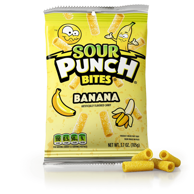 Sour Punch Banana bites packaging with yellow candy in front