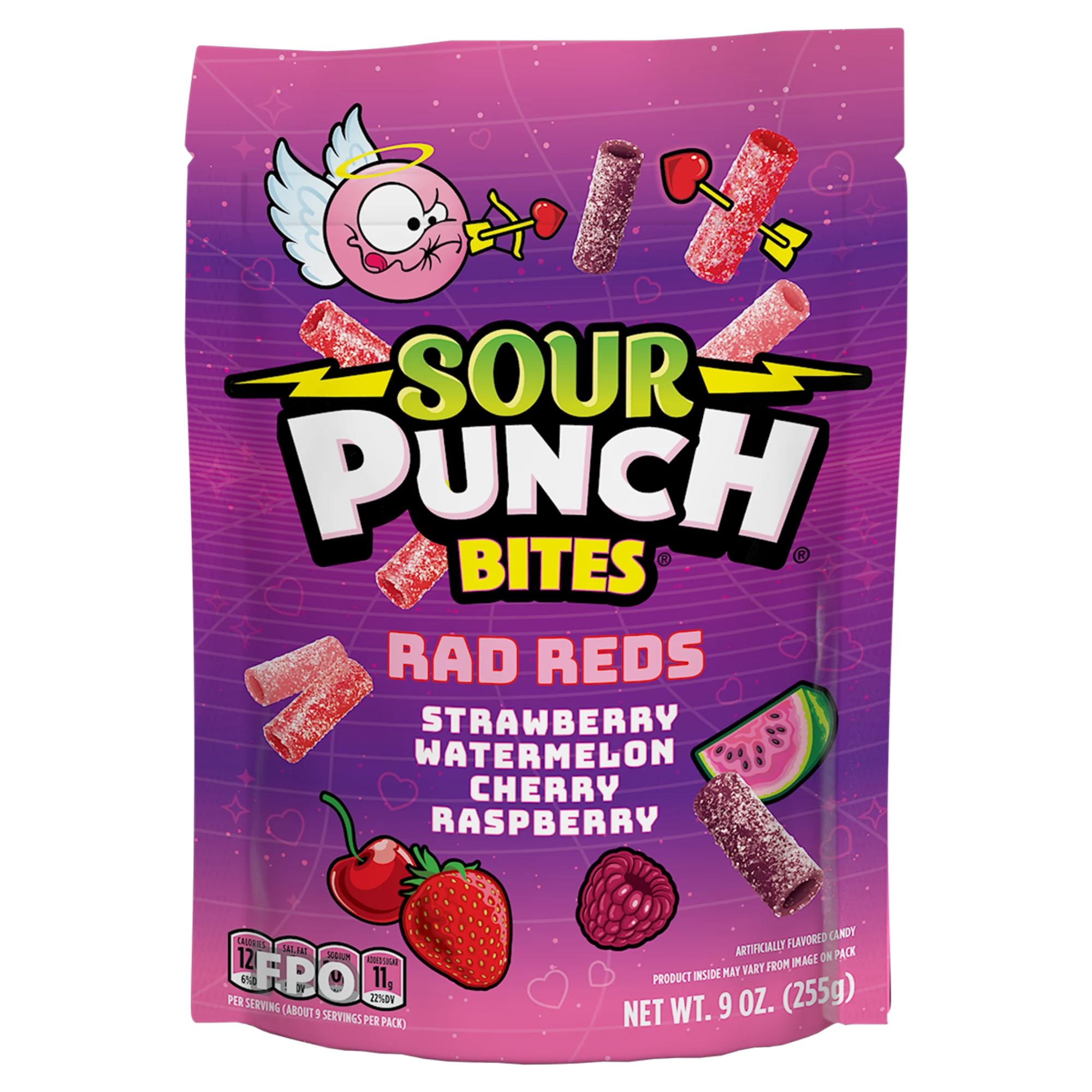 Front of SOUR PUNCH Rad Reds Valentine's Day Candy Bites 9oz bag