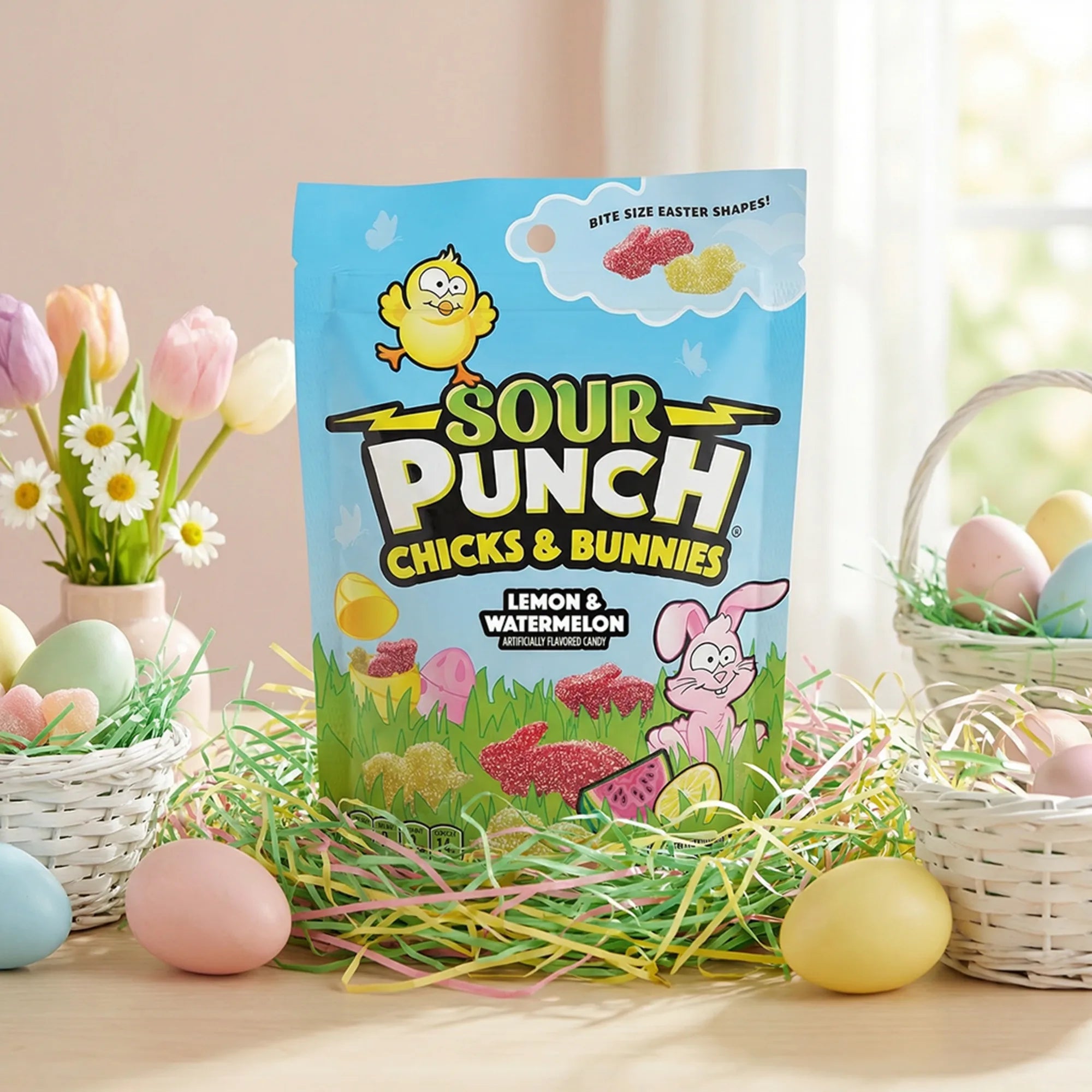 Sour Punch Chicks & Bunnies surrounded by pastel-colored flowers, eggs, and confetti