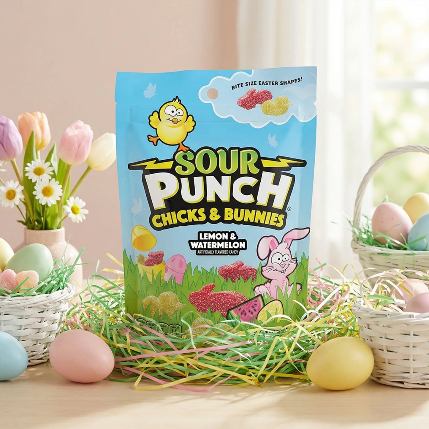 Sour Punch Chicks & Bunnies surrounded by pastel-colored flowers, eggs, and confetti