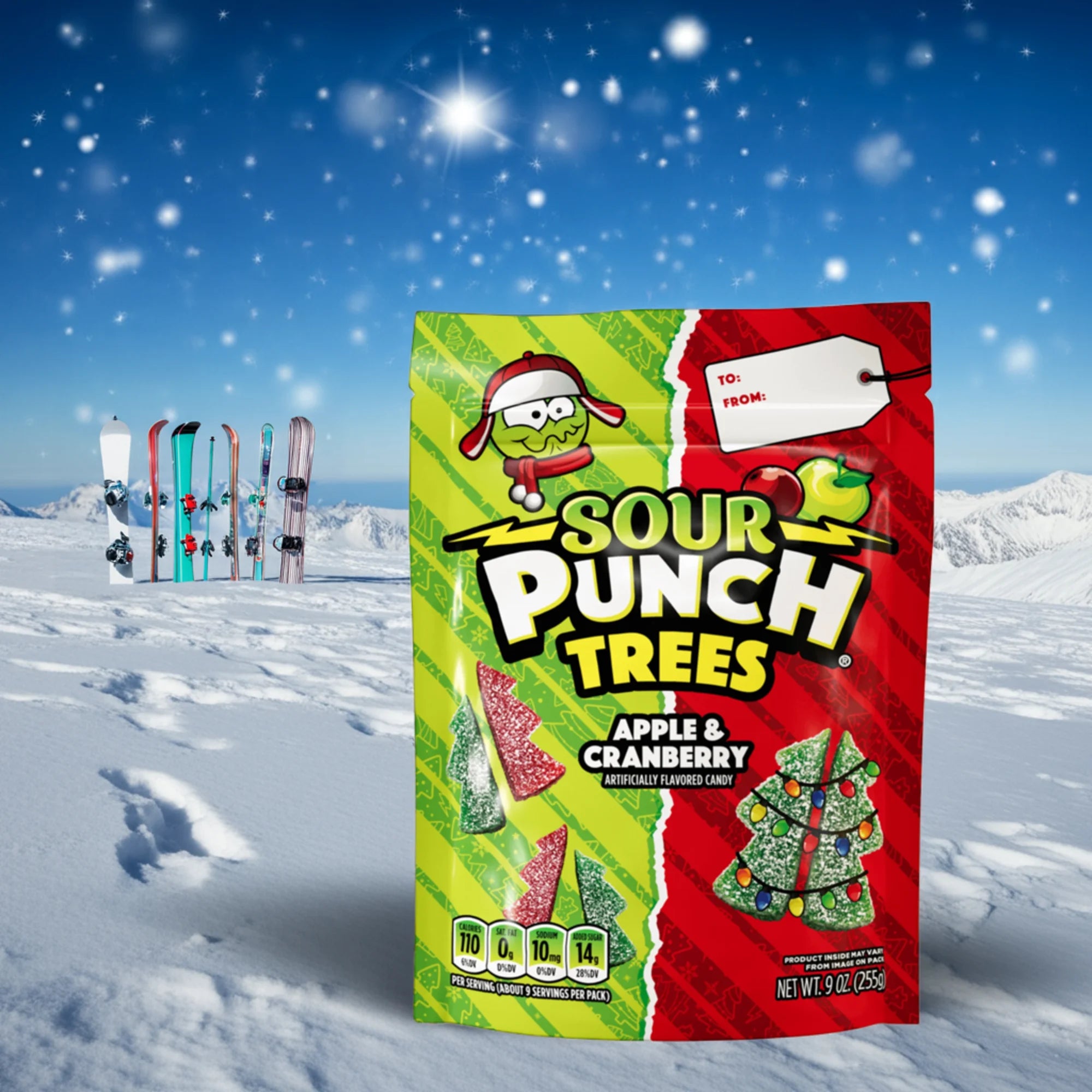 Sour Punch Trees candy package in a snowy landscape with skis in the background