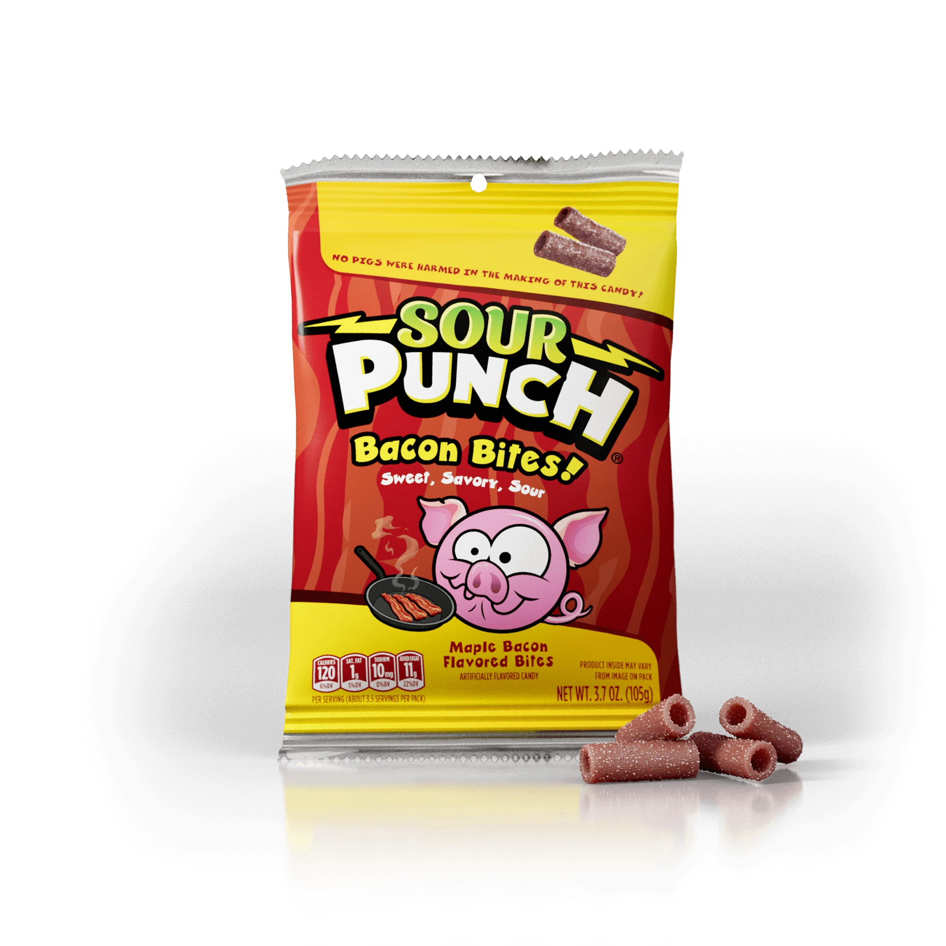 Front of Sour Punch Bacon Bites bag with Maple Bacon candy in front