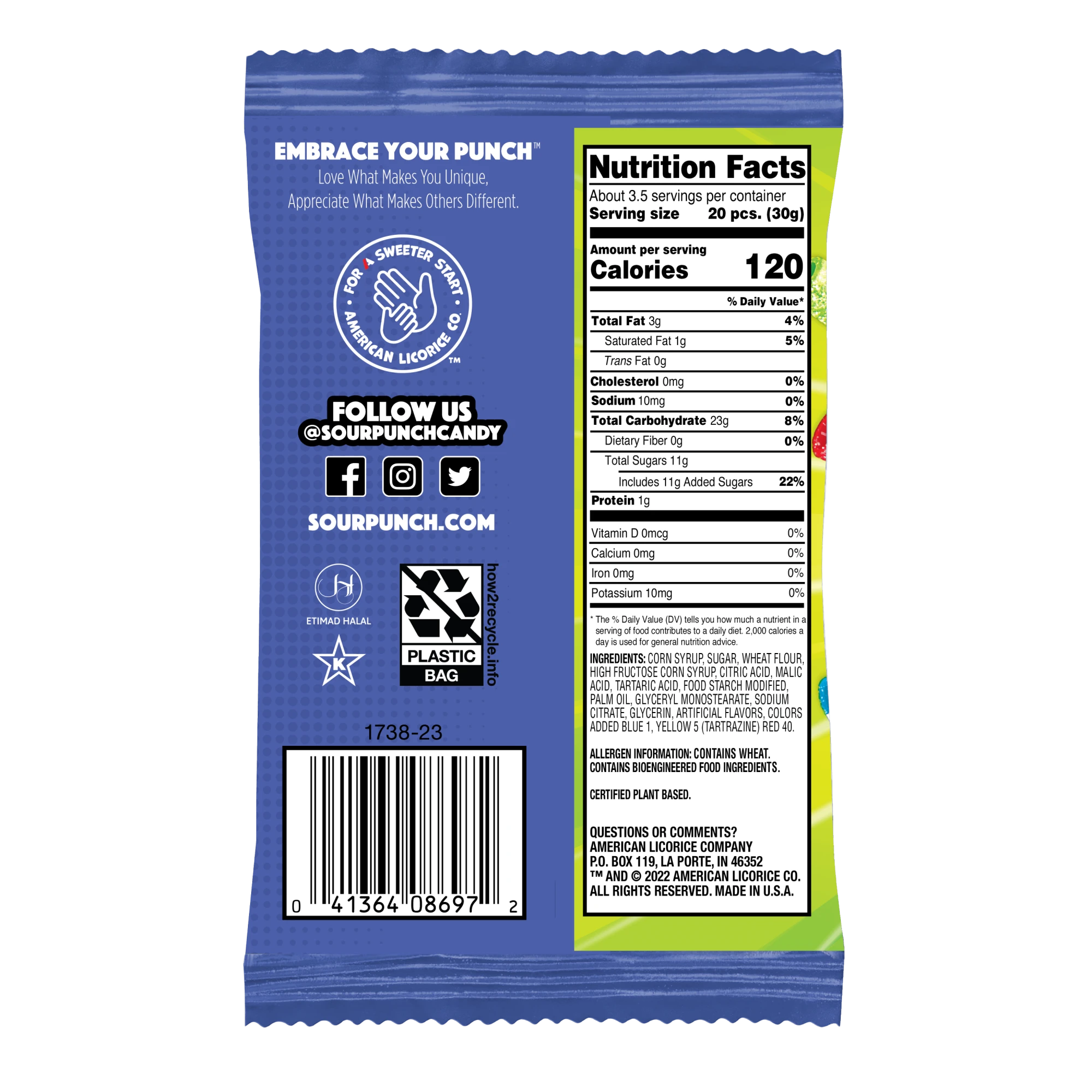 Back of Sour Punch Share Size Mini Bites Assorted candy 3.5oz pouch