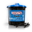 Front of Red Vines Black Licorice 3.5 Pound Jar with three black licorice candy pieces laying in front of it