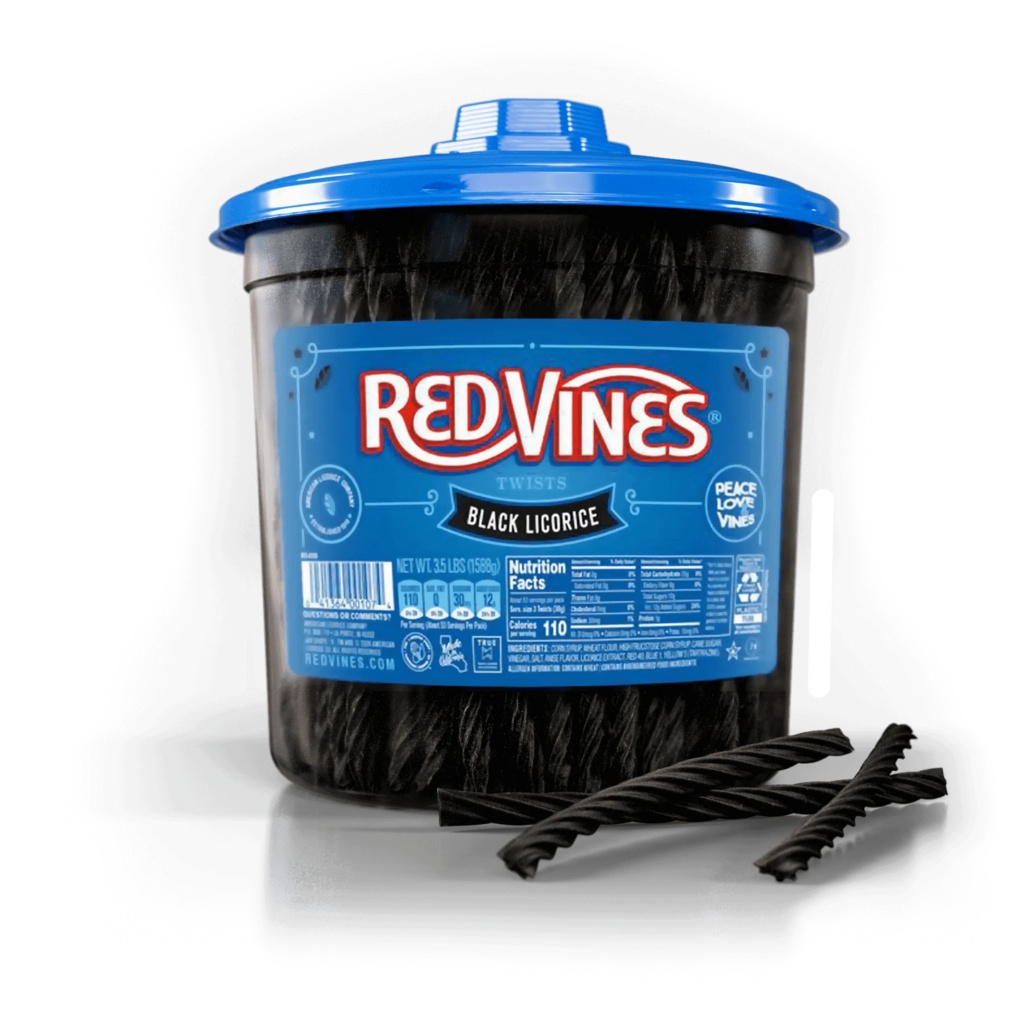 Front of Red Vines Black Licorice 3.5 Pound Jar with three black licorice candy pieces laying in front of it