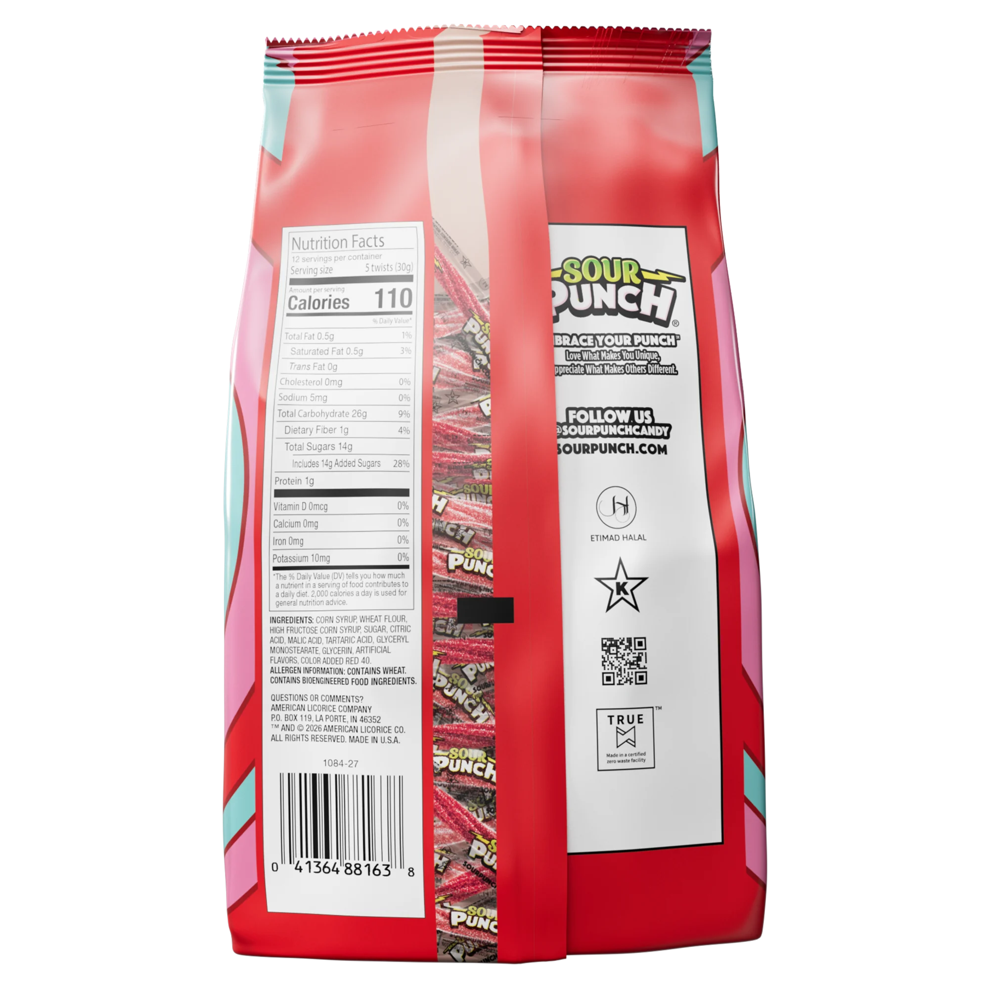 Back of Sour Punch Valentines Individually Wrapped Twists in 13oz Bag