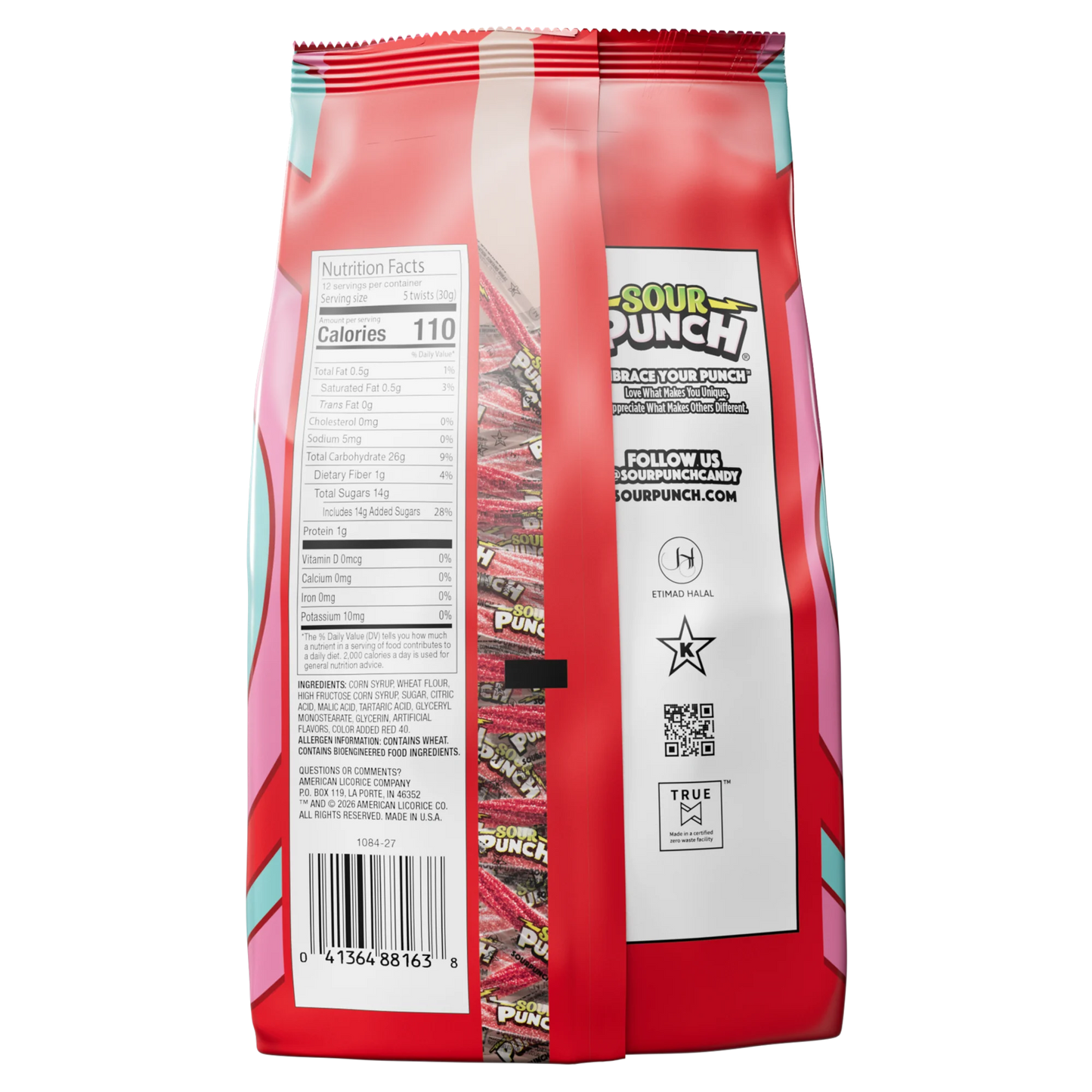 Back of Sour Punch Valentines Individually Wrapped Twists in 13oz Bag