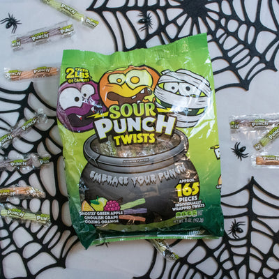 SOUR PUNCH Individually Wrapped Halloween Candy Twists 35oz bag with a spider web background