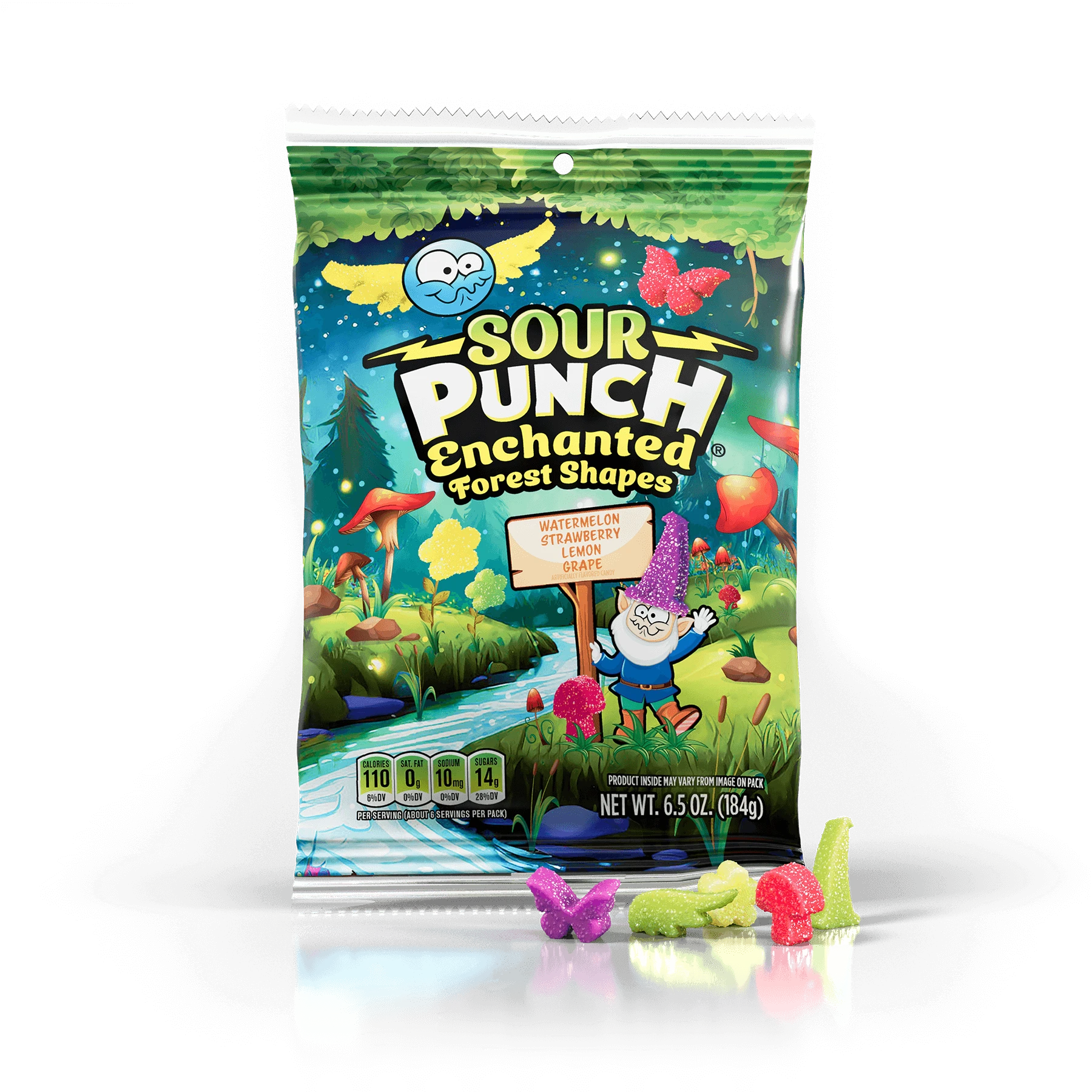 Sour Punch Enchanted Forest Shapes Candy 6.5oz Bag with gnome candy, fairy candy, mushroom shaped candy, and other shapes in front