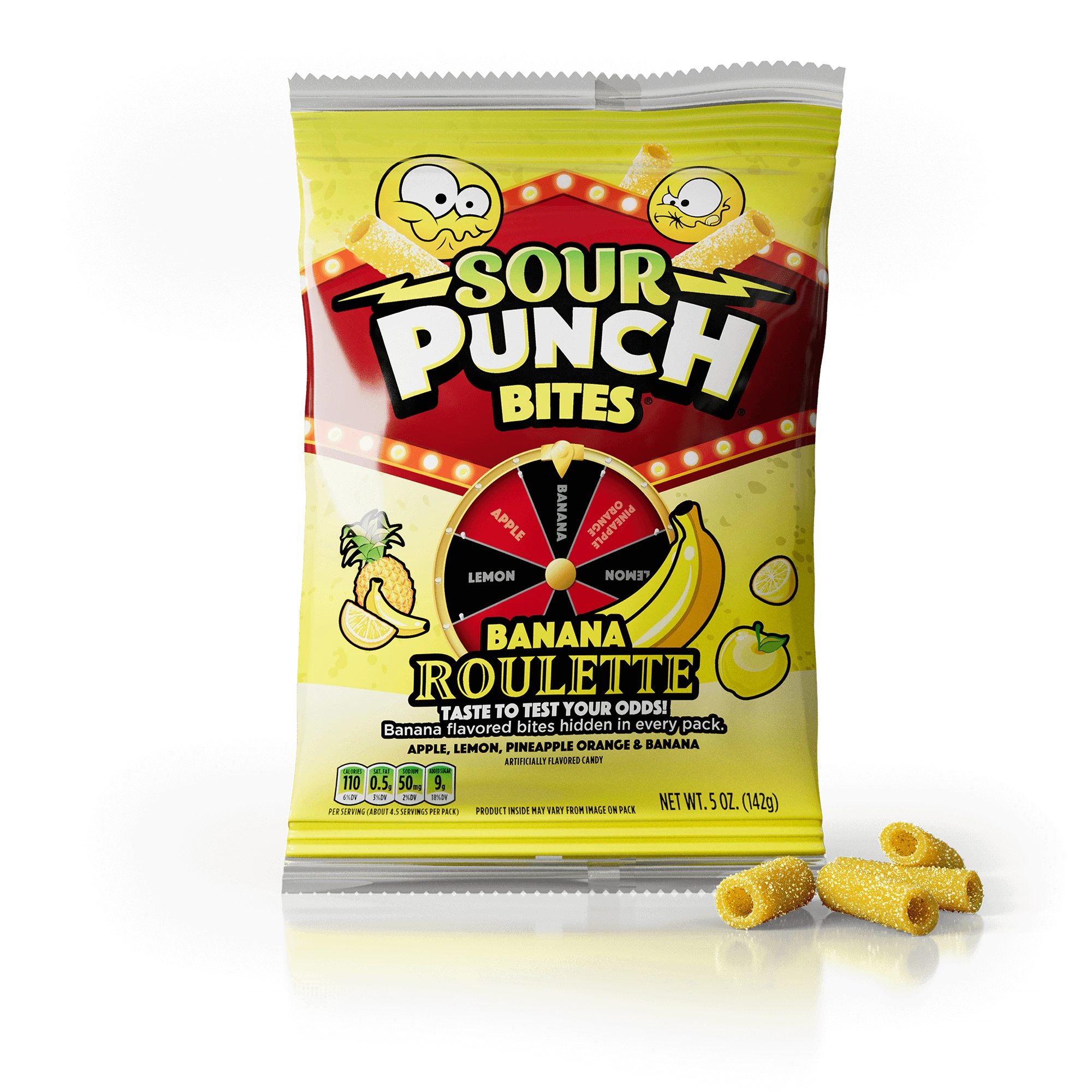 Front of Sour Punch Banana Candy Roulette Bites 5oz Bag